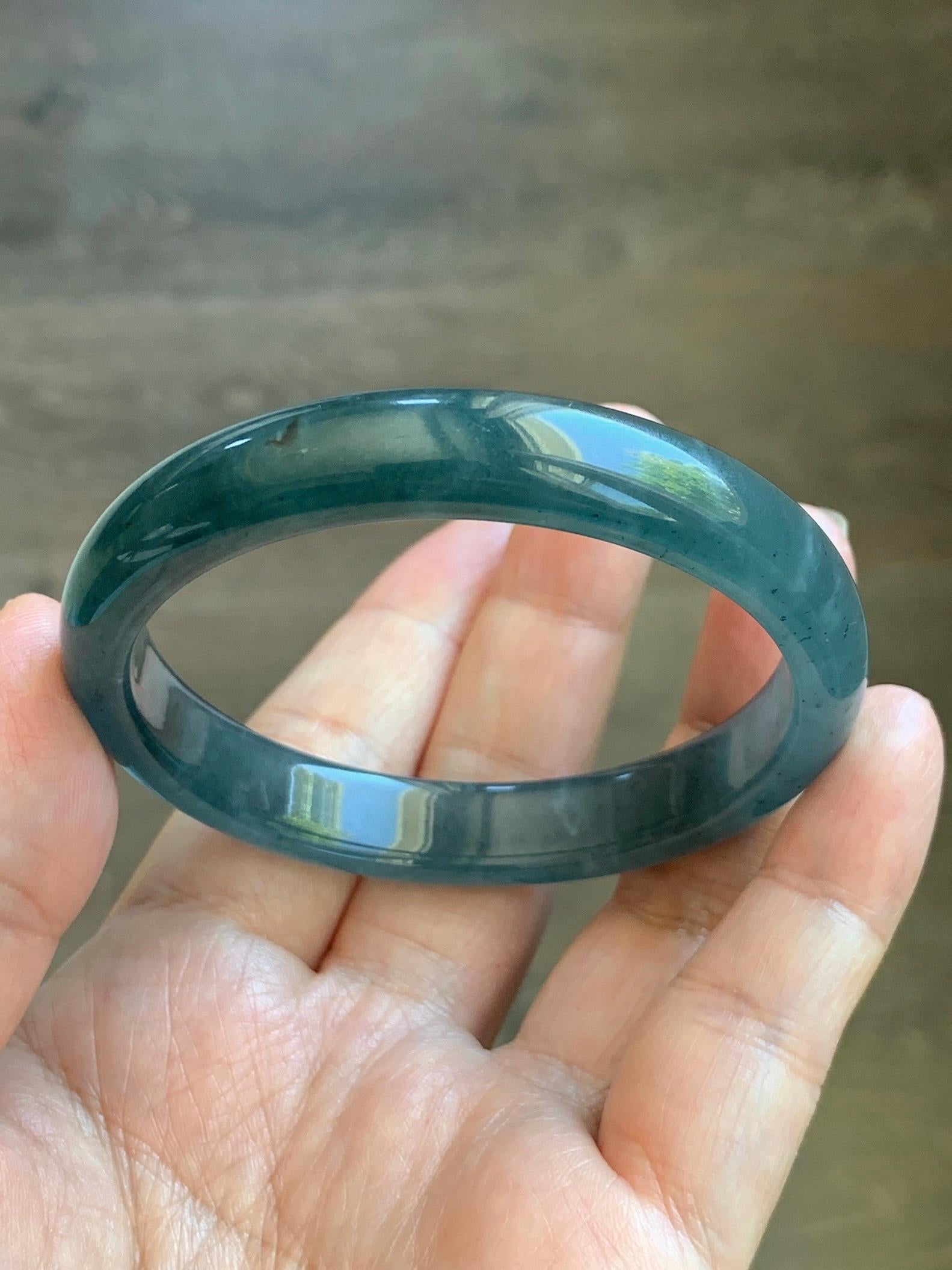 Certified Natural Grade A Guatemalan Icy Translucent Dark Teal Blue Wuji Jade Jadeite Wide Bangle 55.09mm 6.81” 36.9g 天然冰危深蓝绿翡翠正圈宽版手镯 1214