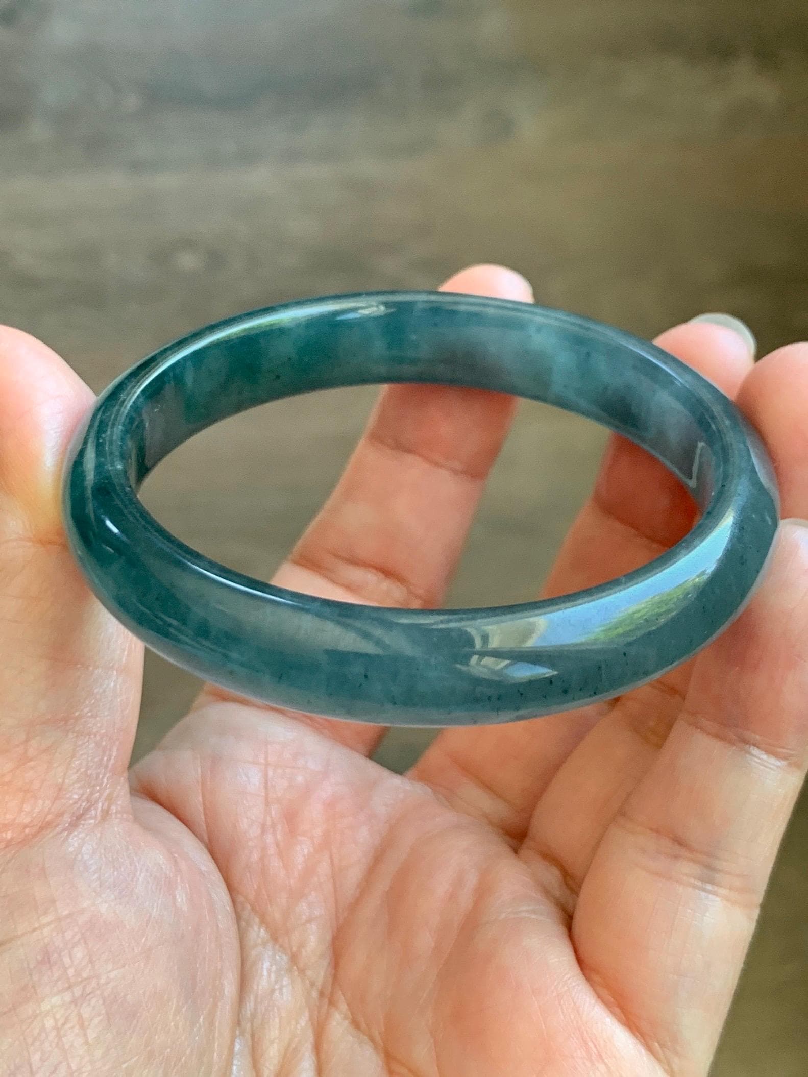 Certified Natural Grade A Guatemalan Icy Translucent Dark Teal Blue Wuji Jade Jadeite Wide Bangle 55.09mm 6.81” 36.9g 天然冰危深蓝绿翡翠正圈宽版手镯 1214