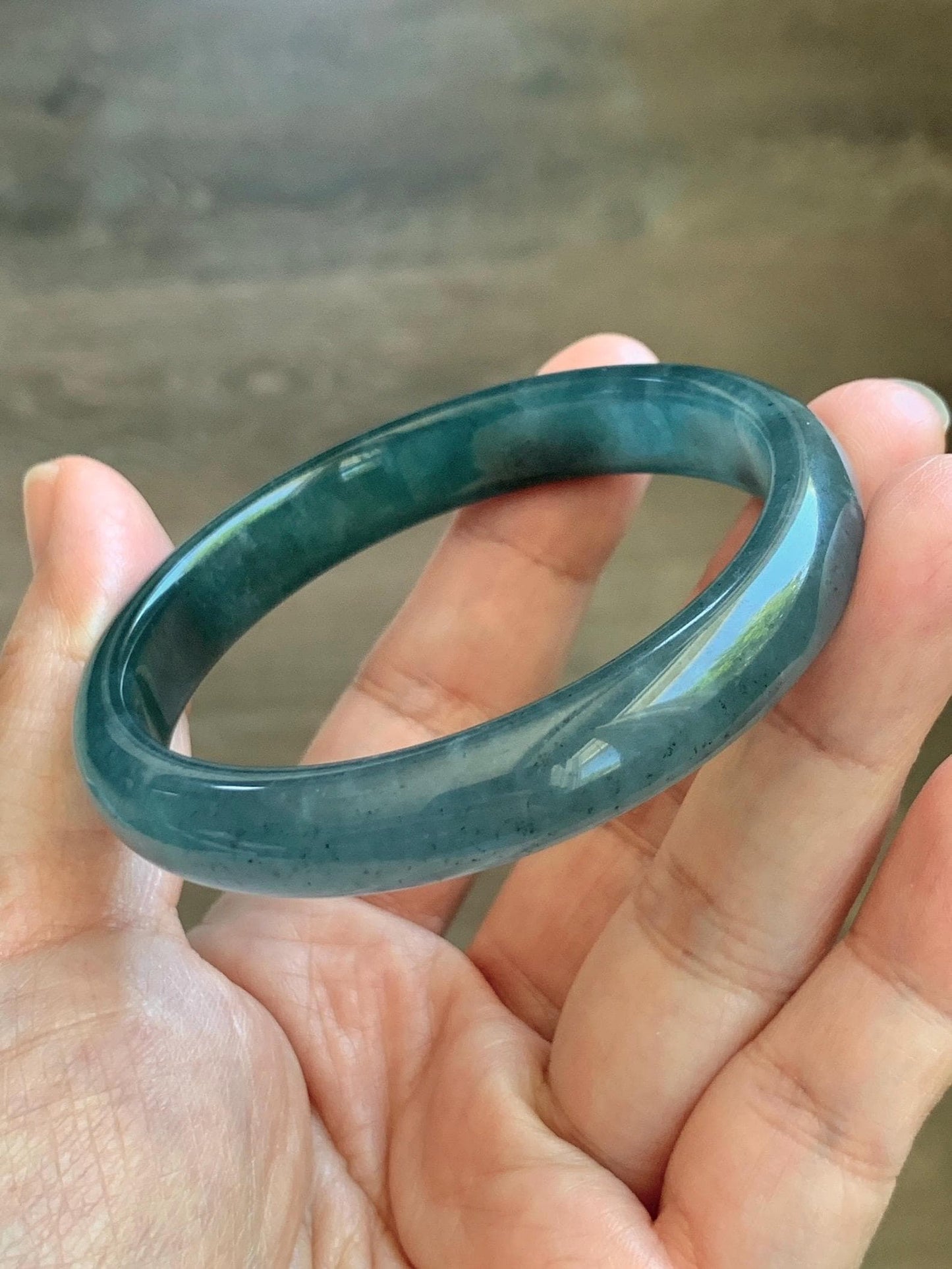 Certified Natural Grade A Guatemalan Icy Translucent Dark Teal Blue Wuji Jade Jadeite Wide Bangle 55.09mm 6.81” 36.9g 天然冰危深蓝绿翡翠正圈宽版手镯 1214