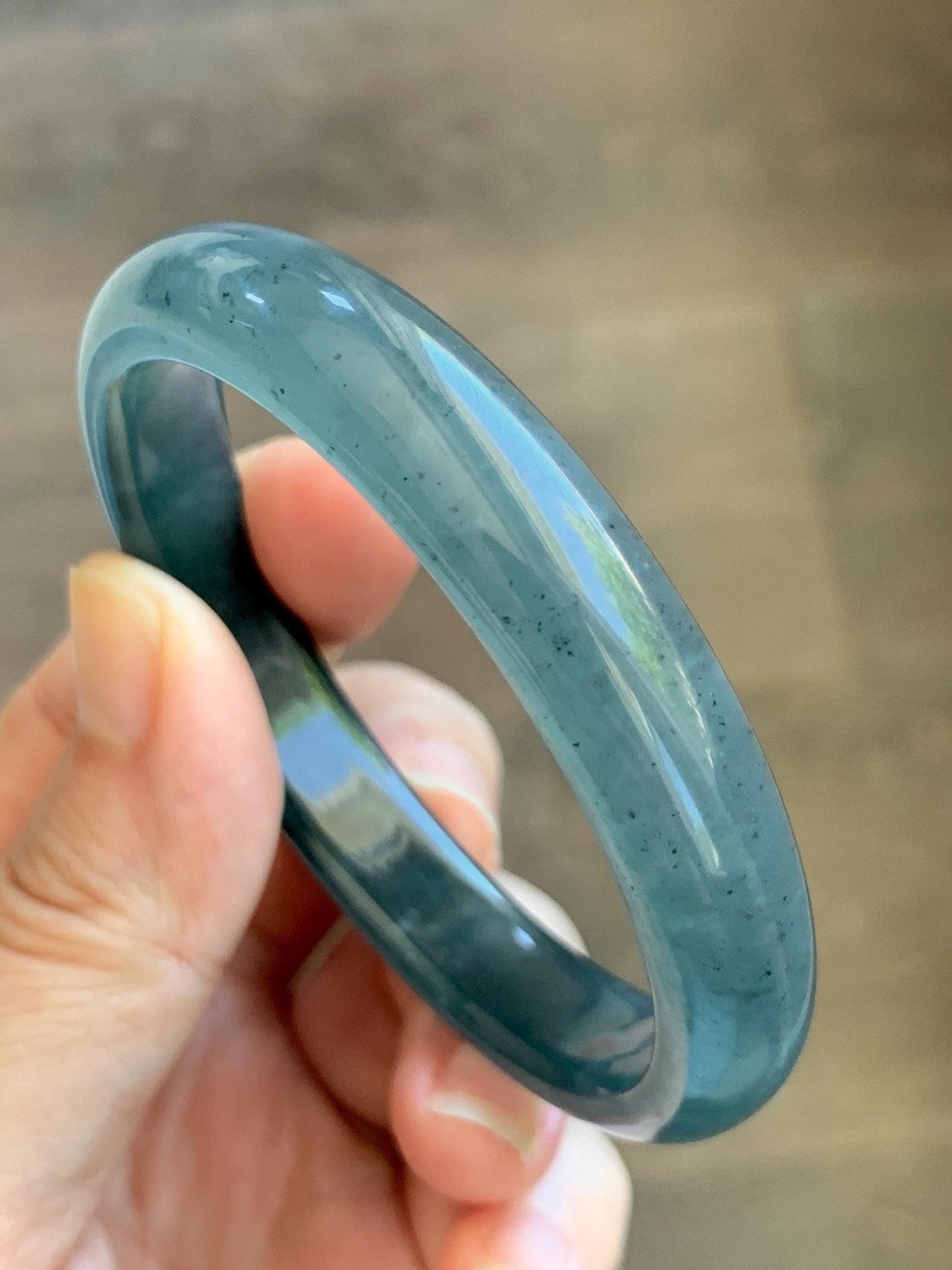Certified Natural Grade A Guatemalan Icy Translucent Dark Teal Blue Wuji Jade Jadeite Wide Bangle 55.09mm 6.81” 36.9g 天然冰危深蓝绿翡翠正圈宽版手镯 1214