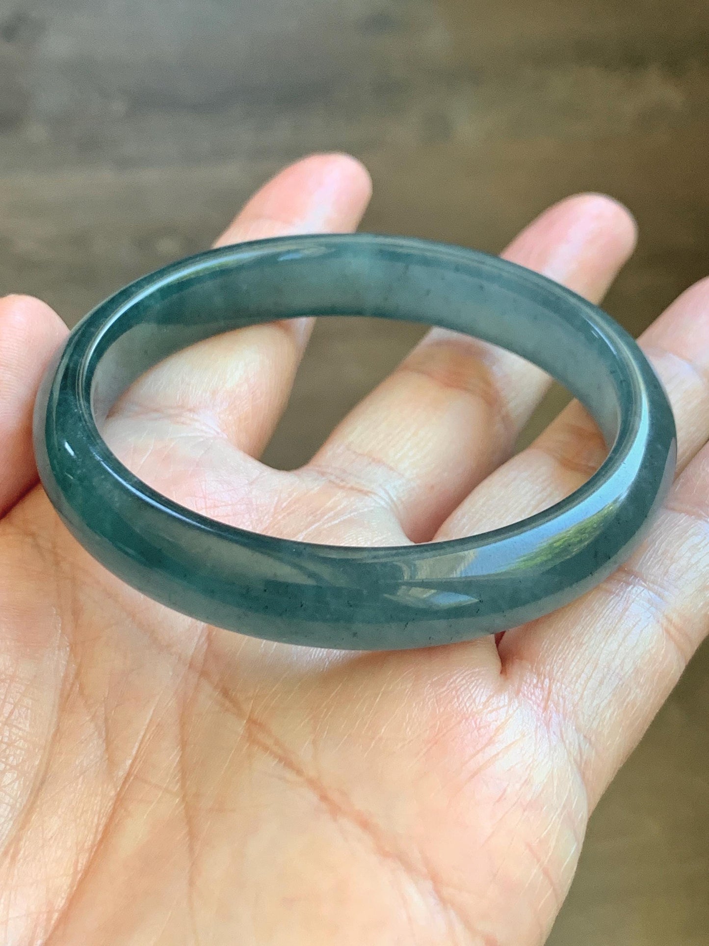 Certified Natural Grade A Guatemalan Icy Translucent Dark Teal Blue Wuji Jade Jadeite Wide Bangle 55.09mm 6.81” 36.9g 天然冰危深蓝绿翡翠正圈宽版手镯 1214