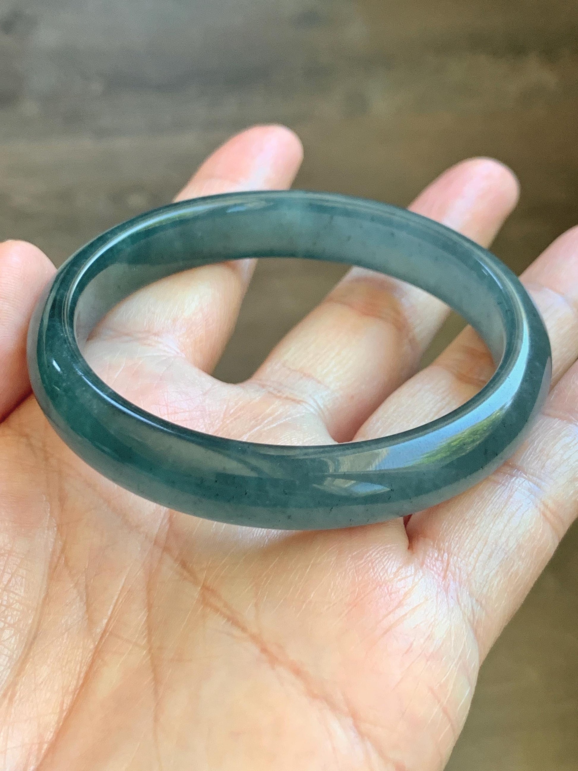 Certified Natural Grade A Guatemalan Icy Translucent Dark Teal Blue Wuji Jade Jadeite Wide Bangle 55.09mm 6.81” 36.9g 天然冰危深蓝绿翡翠正圈宽版手镯 1214