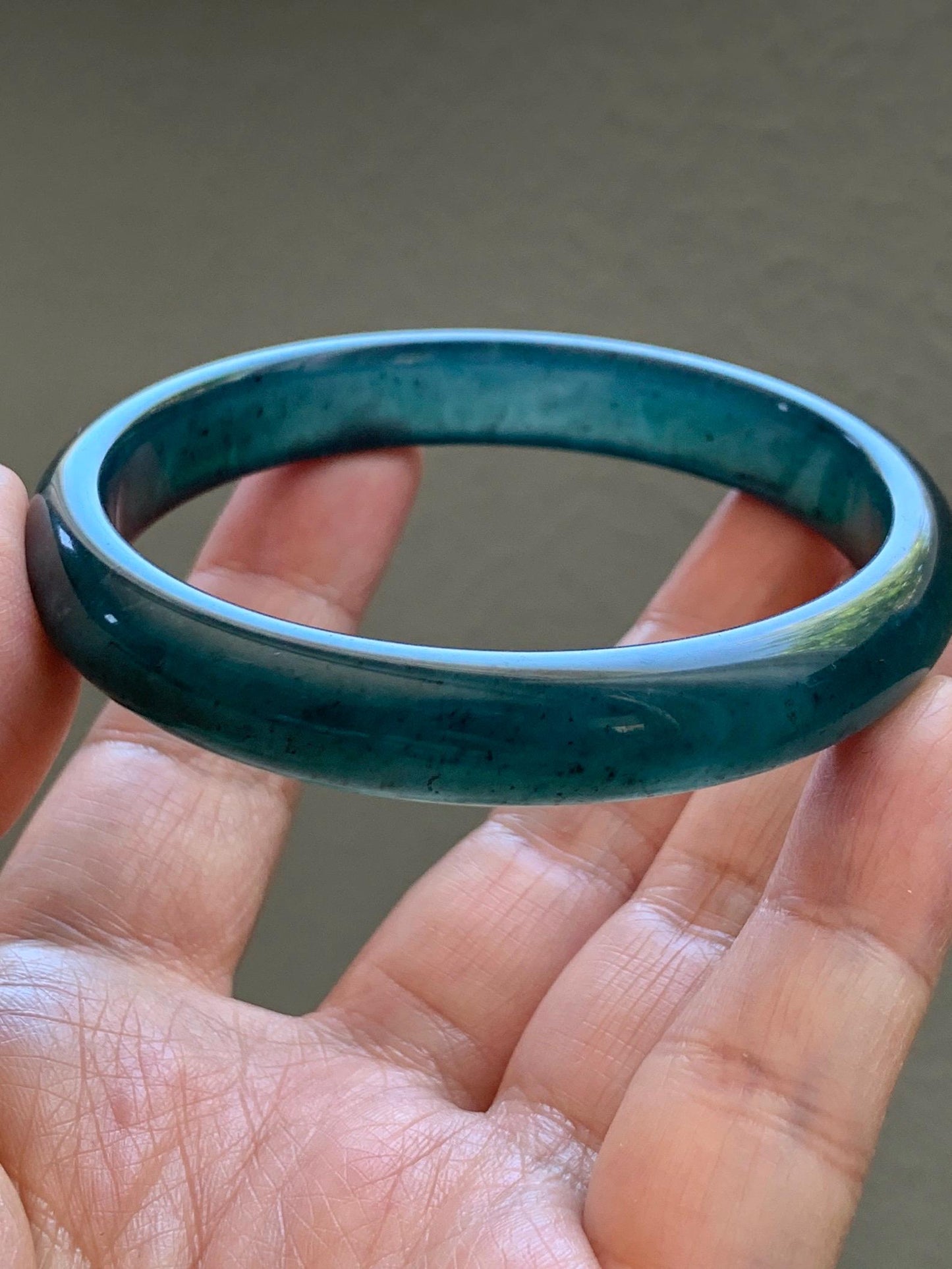 Certified Natural Grade A Guatemalan Icy Translucent Dark Teal Blue Jade Jadeite Wide Bangle 58.52mm 7.23” 38.79g 天然冰危深蓝绿翡翠正圈宽版手镯 1216