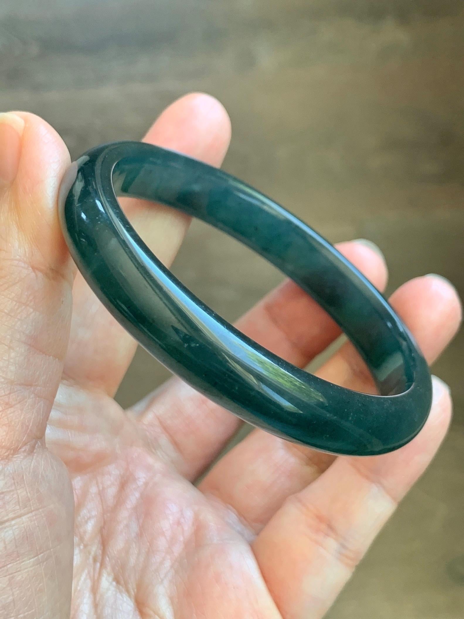Certified Natural Grade A Guatemalan Icy Translucent Dark Teal Blue Jade Jadeite Wide Bangle 58.52mm 7.23” 38.79g 天然冰危深蓝绿翡翠正圈宽版手镯 1216