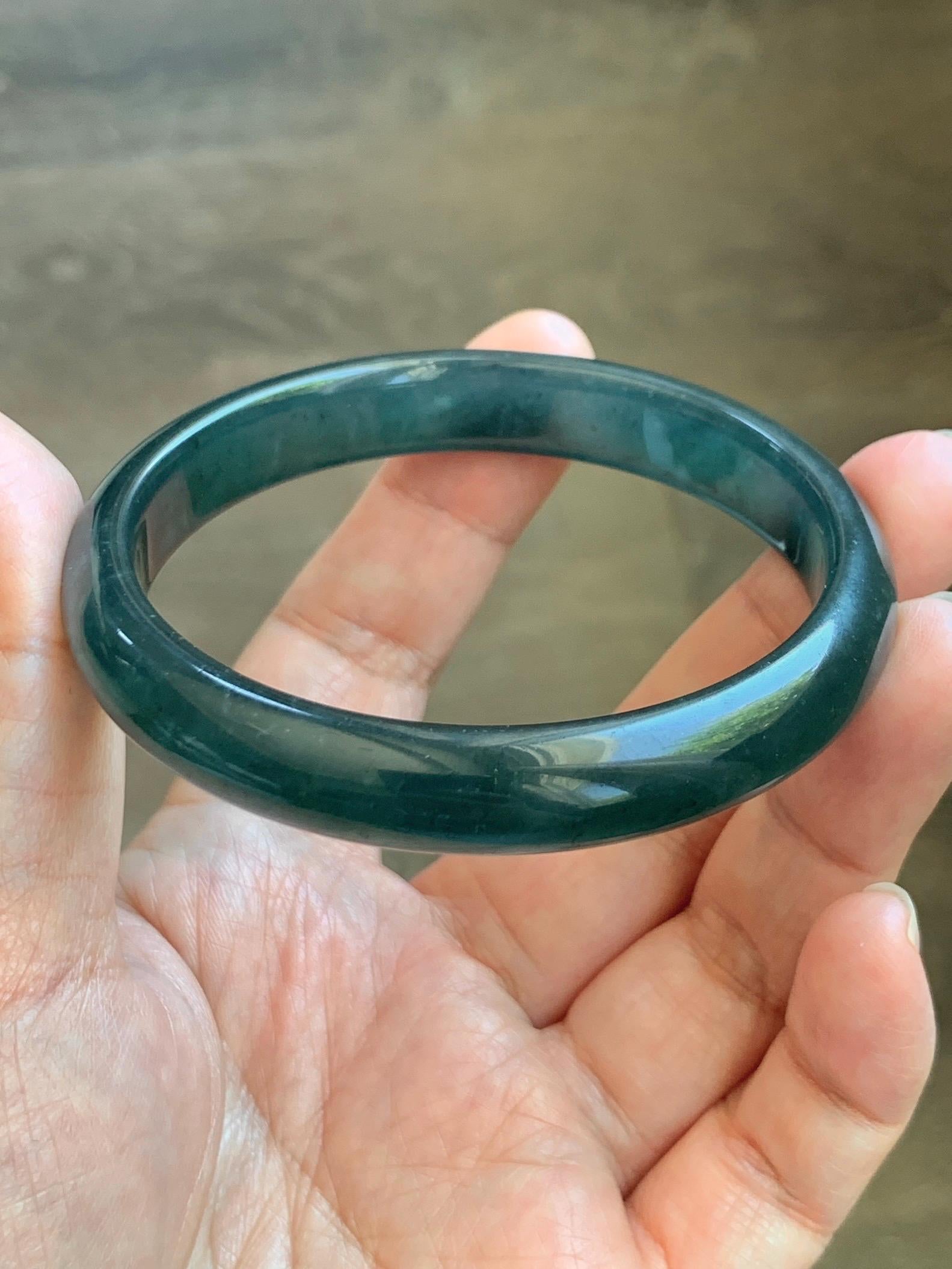 Certified Natural Grade A Guatemalan Icy Translucent Dark Teal Blue Jade Jadeite Wide Bangle 58.52mm 7.23” 38.79g 天然冰危深蓝绿翡翠正圈宽版手镯 1216