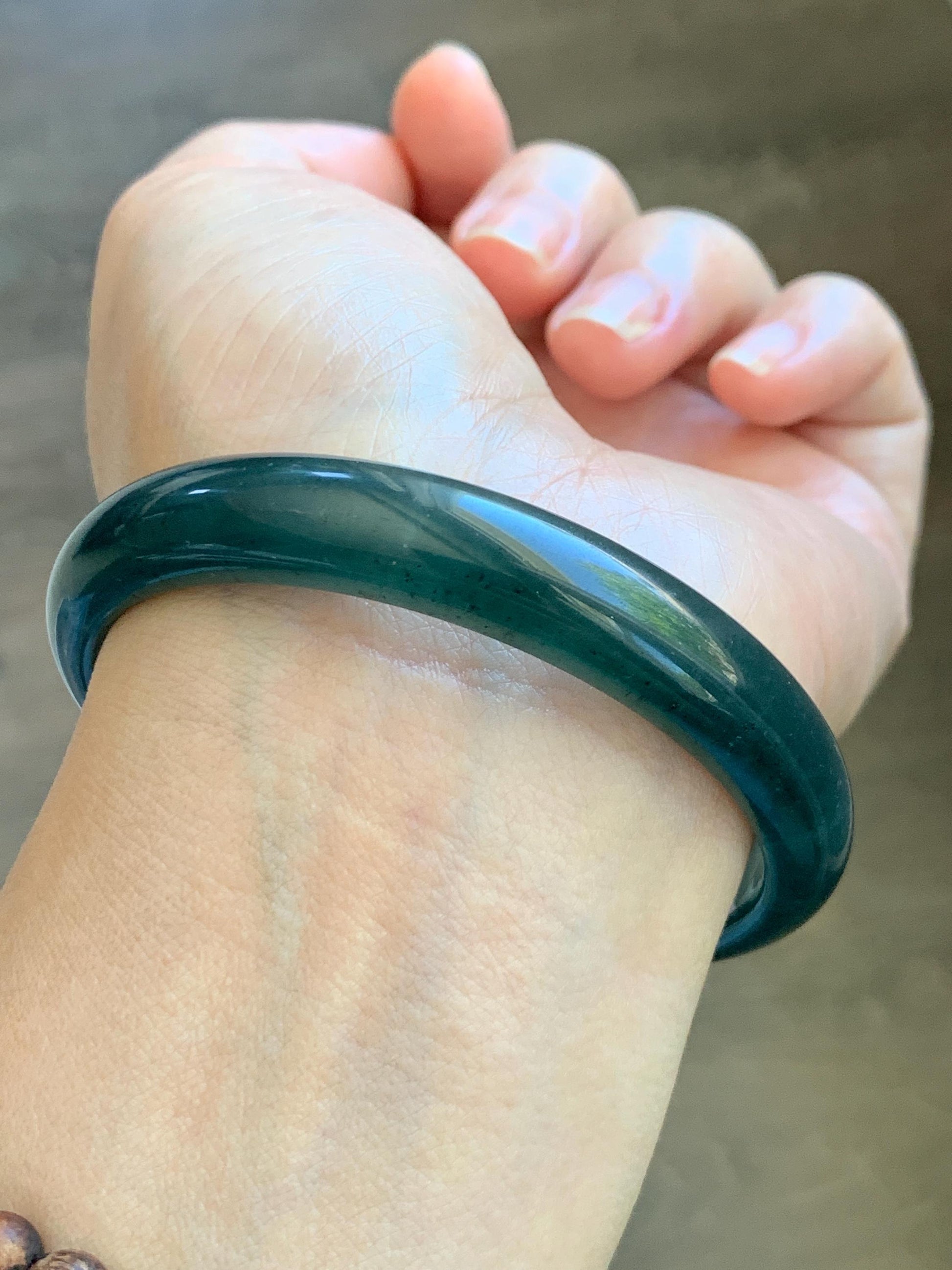 Certified Natural Grade A Guatemalan Icy Translucent Dark Teal Blue Jade Jadeite Wide Bangle 58.52mm 7.23” 38.79g 天然冰危深蓝绿翡翠正圈宽版手镯 1216