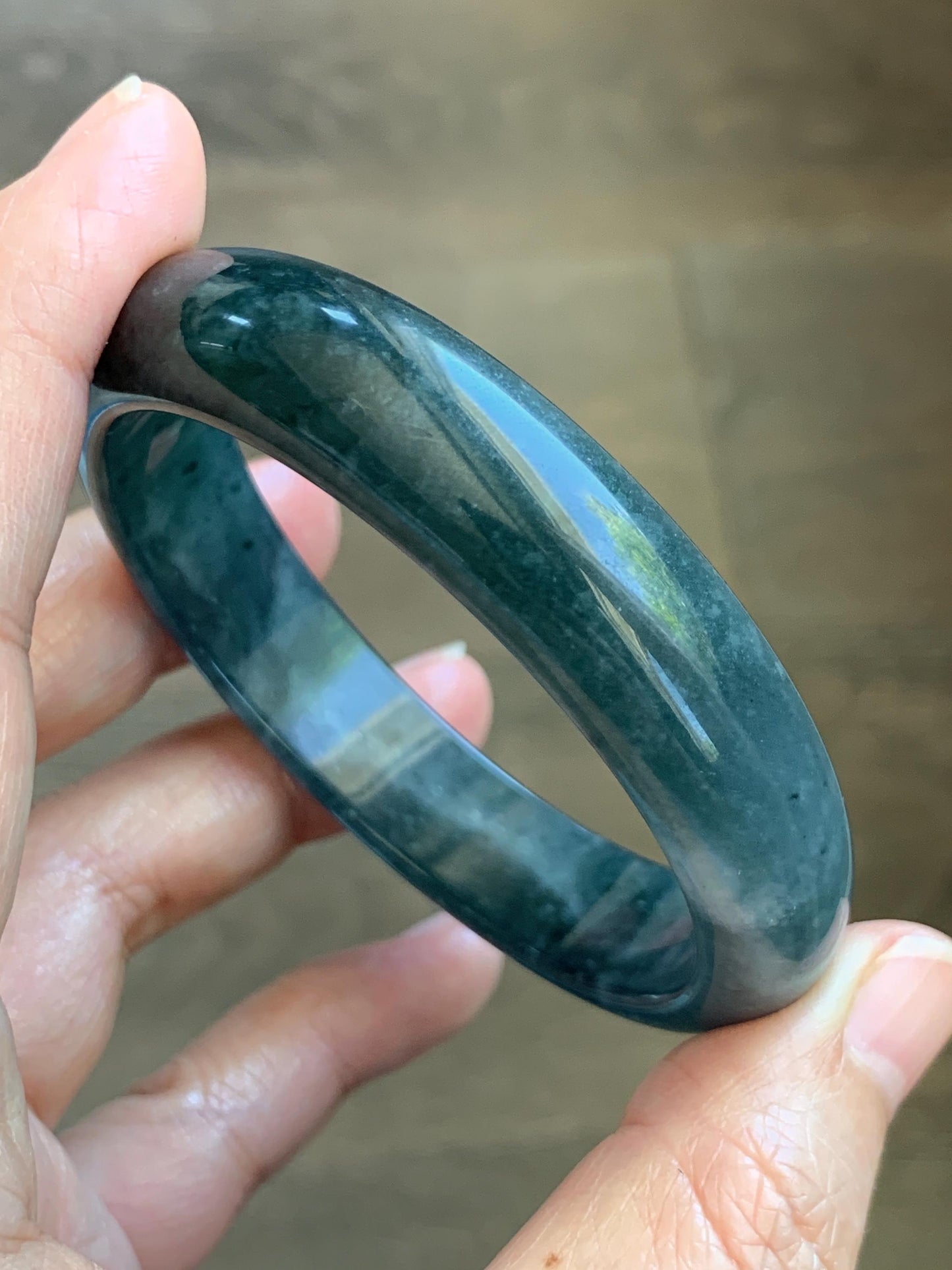 Certified Natural Grade A Guatemalan Icy Translucent Dark Teal Blue Jade Jadeite Wide Bangle 57.93mm 7.16” 53.51g 天然冰危深蓝绿翡翠正圈宽版手镯 1199