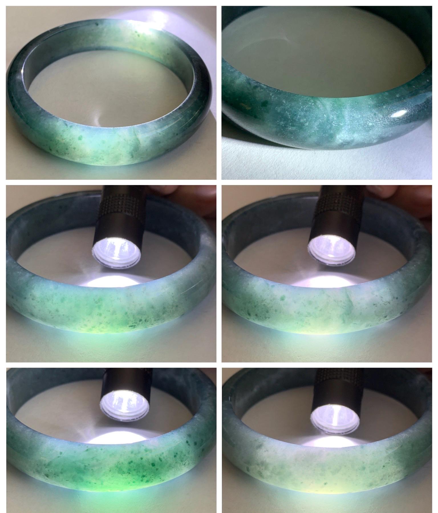 Certified Natural Grade A Guatemalan Icy Translucent Dark Teal Blue Jade Jadeite Wide Bangle 57.93mm 7.16” 53.51g 天然冰危深蓝绿翡翠正圈宽版手镯 1199