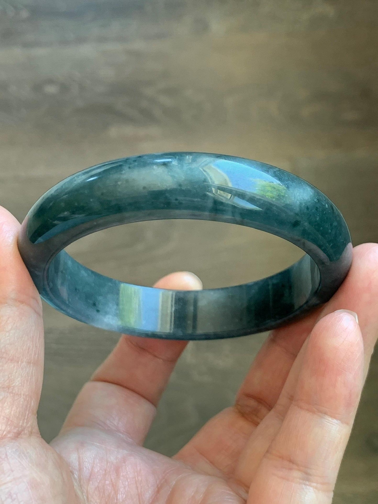 Certified Natural Grade A Guatemalan Icy Translucent Dark Teal Blue Jade Jadeite Wide Bangle 57.93mm 7.16” 53.51g 天然冰危深蓝绿翡翠正圈宽版手镯 1199