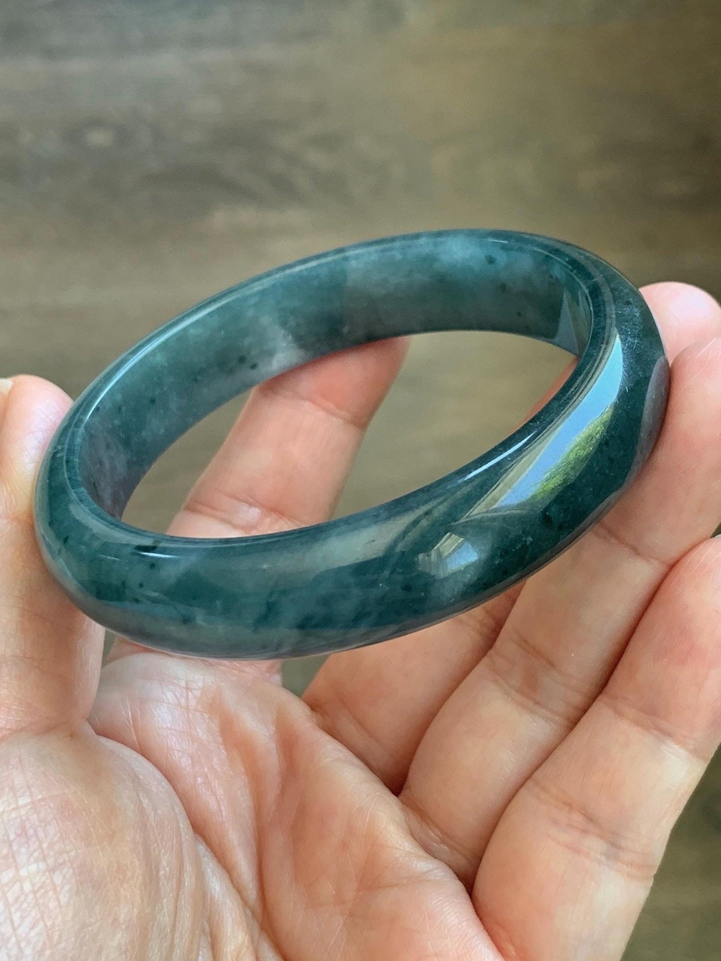 Certified Natural Grade A Guatemalan Icy Translucent Dark Teal Blue Jade Jadeite Wide Bangle 57.93mm 7.16” 53.51g 天然冰危深蓝绿翡翠正圈宽版手镯 1199