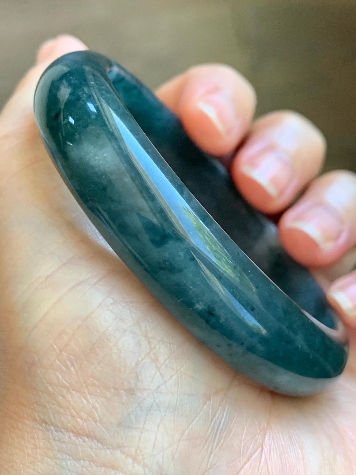 Certified Natural Grade A Guatemalan Icy Translucent Dark Teal Blue Jade Jadeite Wide Bangle 57.93mm 7.16” 53.51g 天然冰危深蓝绿翡翠正圈宽版手镯 1199