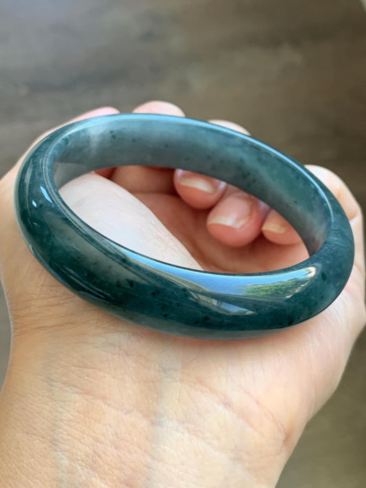 Certified Natural Grade A Guatemalan Icy Translucent Dark Teal Blue Jade Jadeite Wide Bangle 57.93mm 7.16” 53.51g 天然冰危深蓝绿翡翠正圈宽版手镯 1199