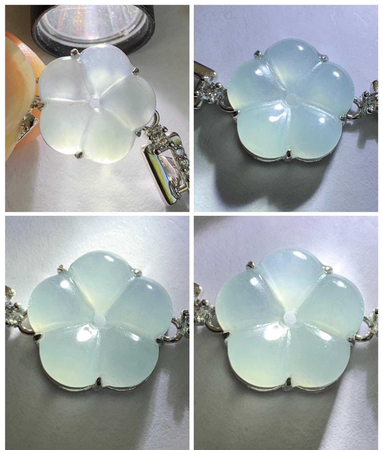 Natural Grade A Guatemalan Icy Translucent Pastel Blue Jade Jadeite Cherry Blossom Bracelet Sterling Silver 6.25”-7.5” 天然冰危淡蓝翡翠梅花银手链 WMS360B