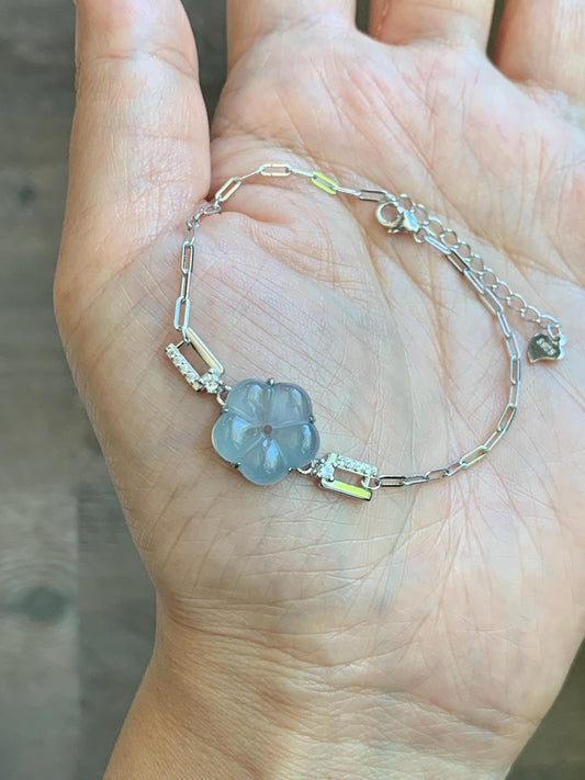 Natural Grade A Guatemalan Icy Translucent Pastel Blue Jade Jadeite Cherry Blossom Bracelet Sterling Silver 6.25”-7.5” 天然冰危淡蓝翡翠梅花银手链 WMS360B