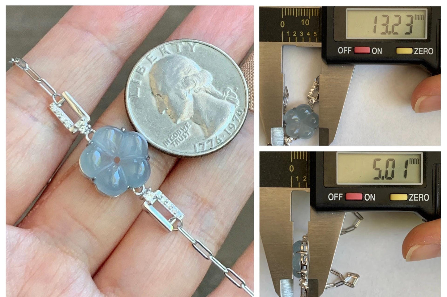 Natural Grade A Guatemalan Icy Translucent Pastel Blue Jade Jadeite Cherry Blossom Bracelet Sterling Silver 6.25”-7.5” 天然冰危淡蓝翡翠梅花银手链 WMS360B