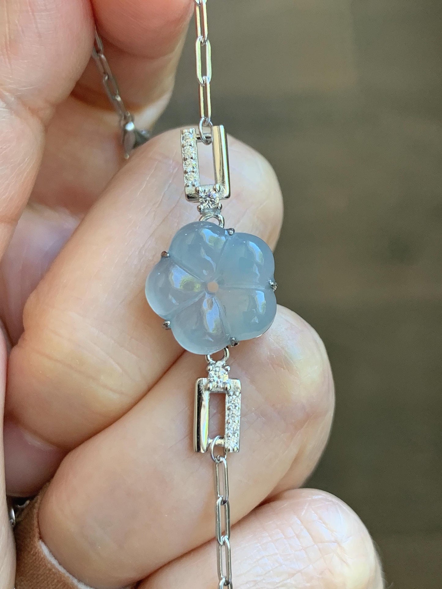 Natural Grade A Guatemalan Icy Translucent Pastel Blue Jade Jadeite Cherry Blossom Bracelet Sterling Silver 6.25”-7.5” 天然冰危淡蓝翡翠梅花银手链 WMS360B
