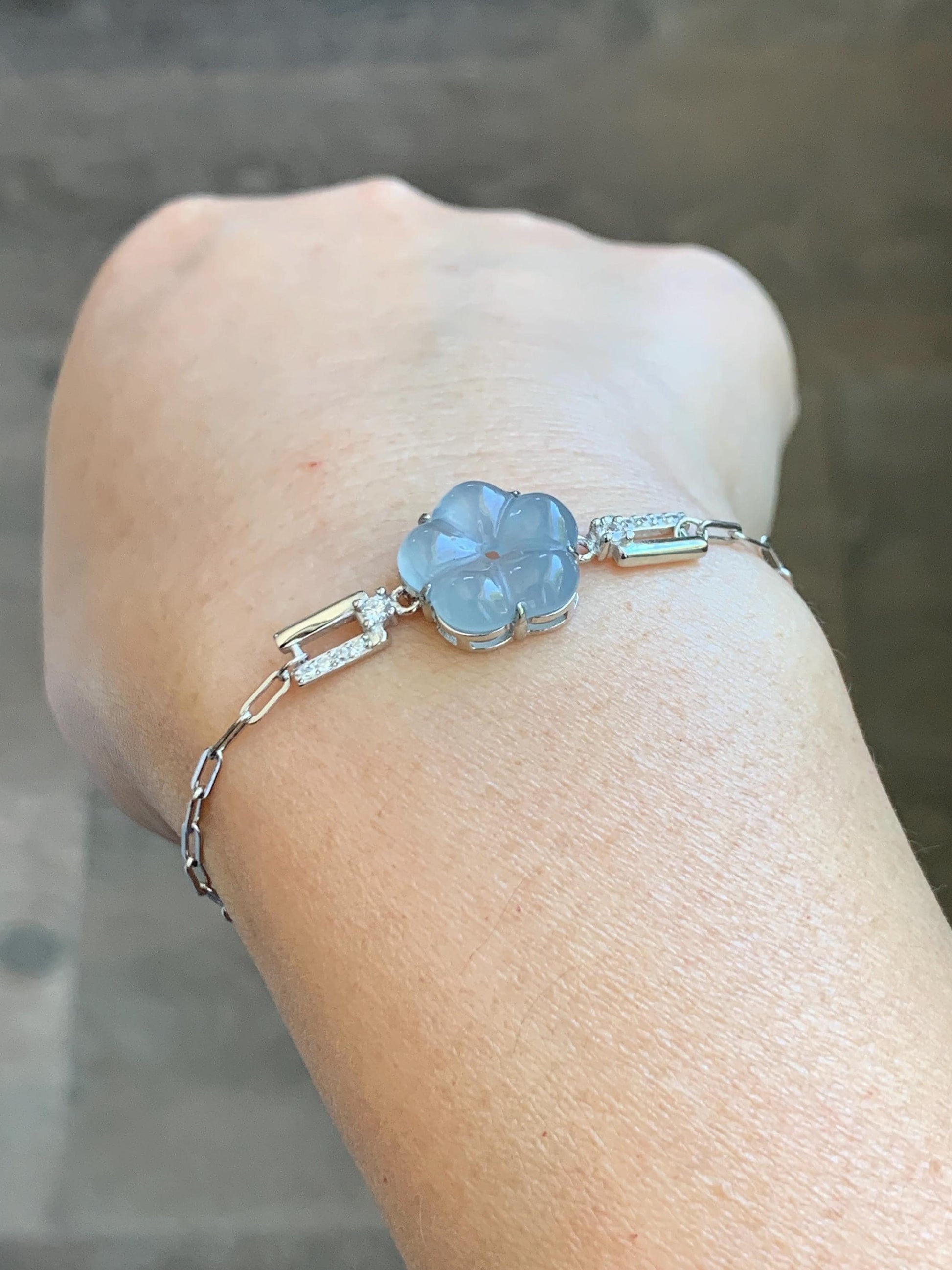 Natural Grade A Guatemalan Icy Translucent Pastel Blue Jade Jadeite Cherry Blossom Bracelet Sterling Silver 6.25”-7.5” 天然冰危淡蓝翡翠梅花银手链 WMS360B