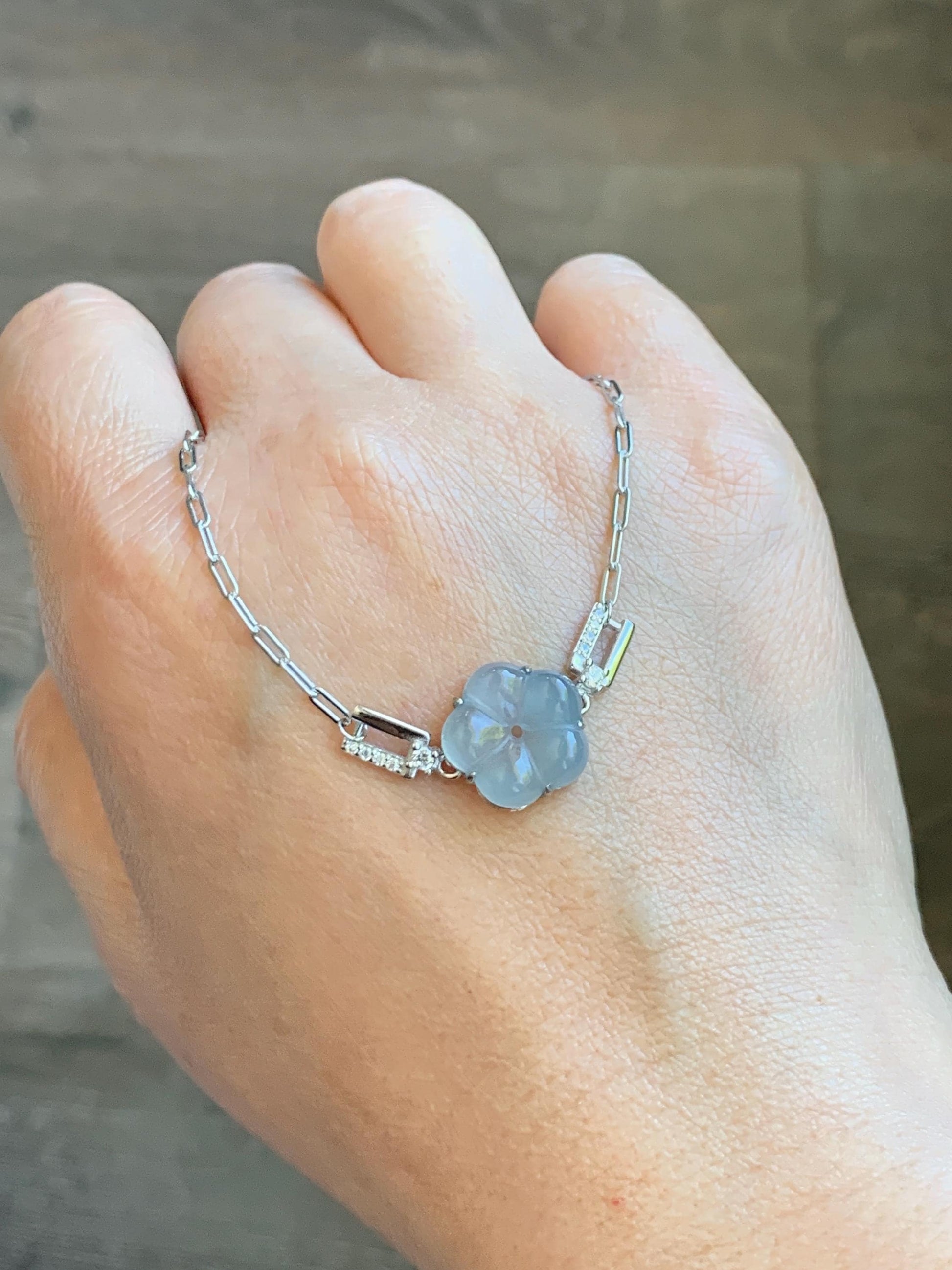Natural Grade A Guatemalan Icy Translucent Pastel Blue Jade Jadeite Cherry Blossom Bracelet Sterling Silver 6.25”-7.5” 天然冰危淡蓝翡翠梅花银手链 WMS360B