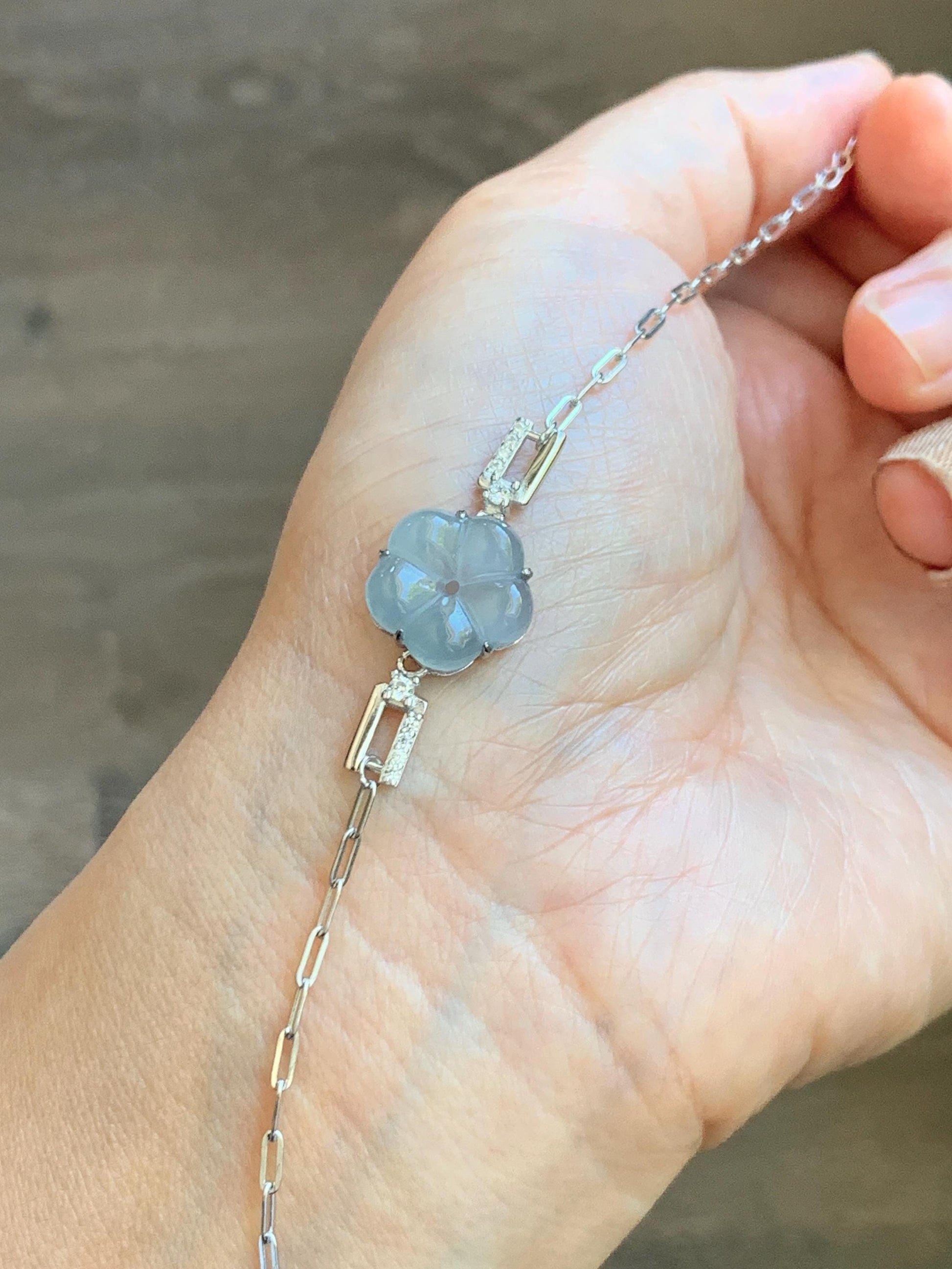 Natural Grade A Guatemalan Icy Translucent Pastel Blue Jade Jadeite Cherry Blossom Bracelet Sterling Silver 6.25”-7.5” 天然冰危淡蓝翡翠梅花银手链 WMS360B