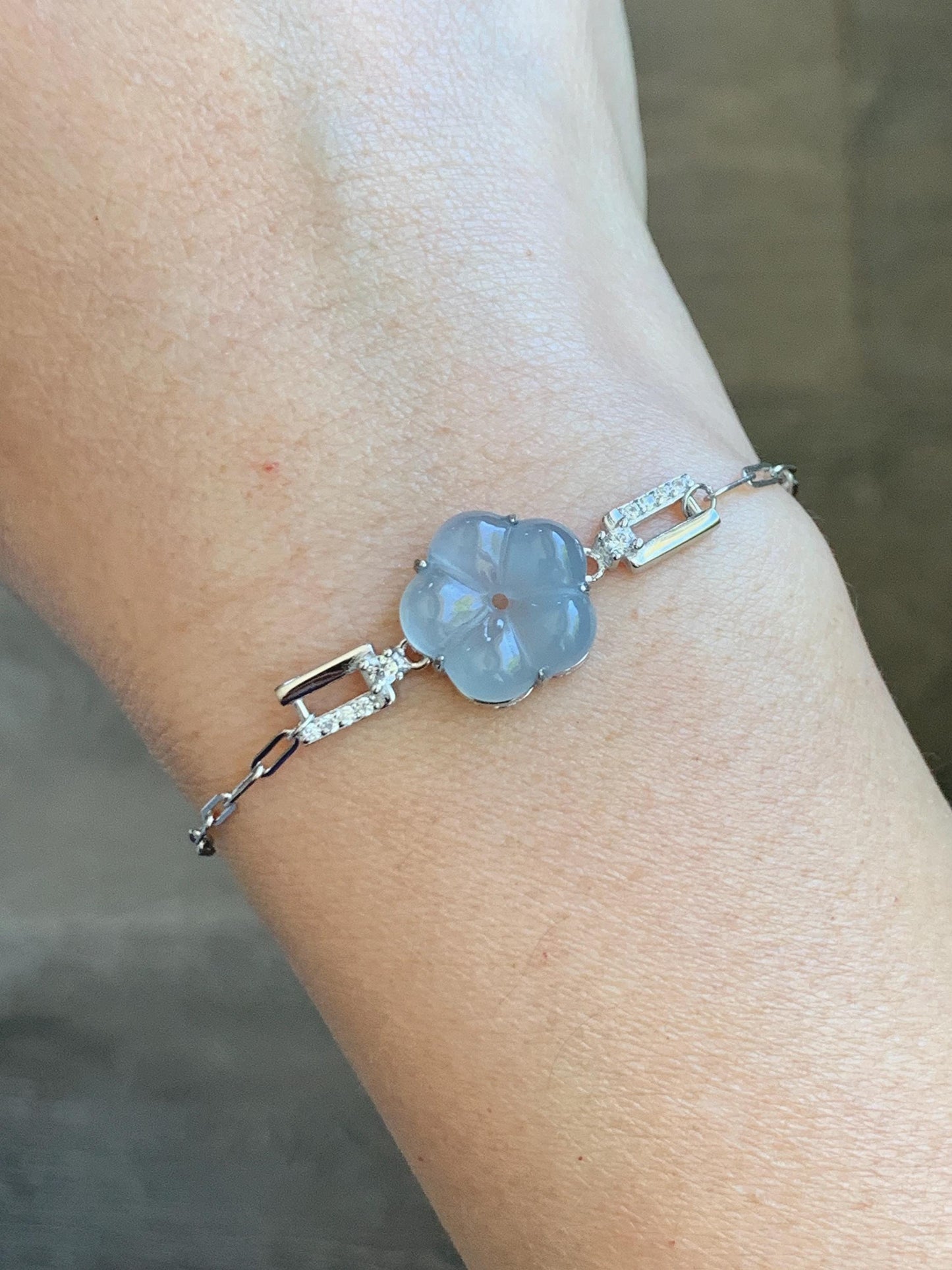 Natural Grade A Guatemalan Icy Translucent Pastel Blue Jade Jadeite Cherry Blossom Bracelet Sterling Silver 6.25”-7.5” 天然冰危淡蓝翡翠梅花银手链 WMS360B