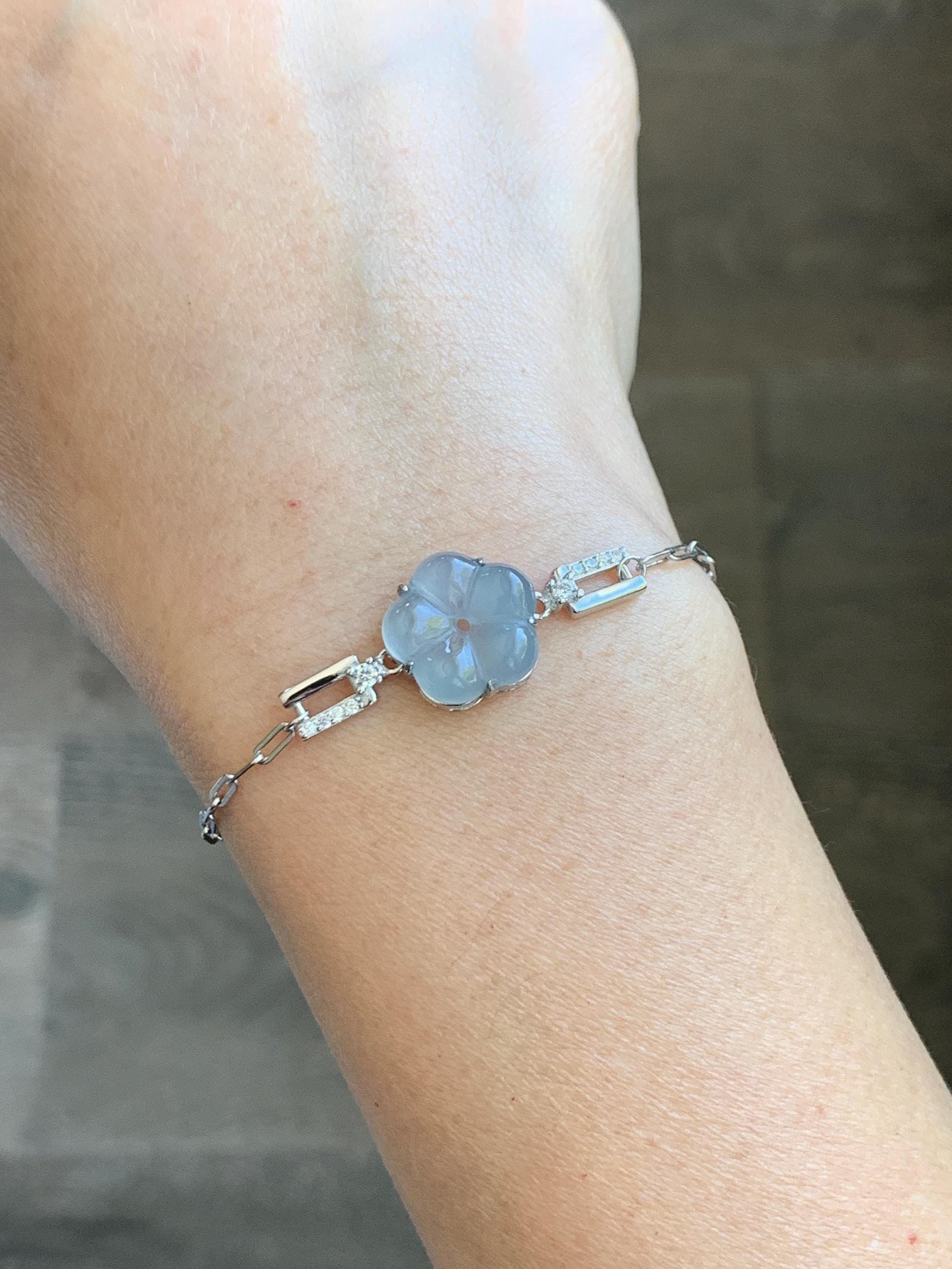 Natural Grade A Guatemalan Icy Translucent Pastel Blue Jade Jadeite Cherry Blossom Bracelet Sterling Silver 6.25”-7.5” 天然冰危淡蓝翡翠梅花银手链 WMS360B