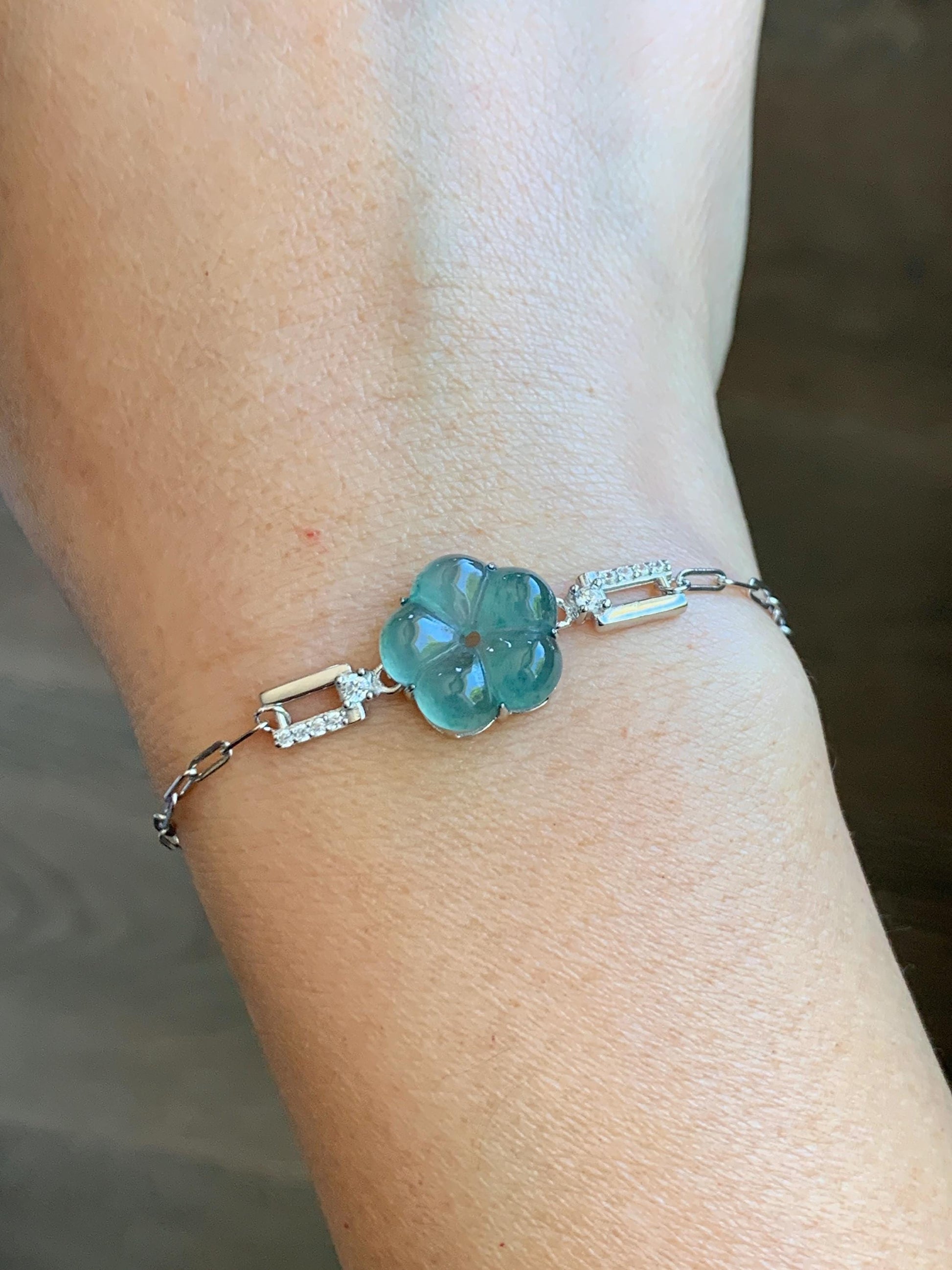 Natural Grade A Guatemalan Icy Translucent Teal Green Jade Jadeite Cherry Blossom Bracelet Sterling Silver 6.25”-7.5” 天然冰危蓝绿翡翠梅花银手链 WMS360A