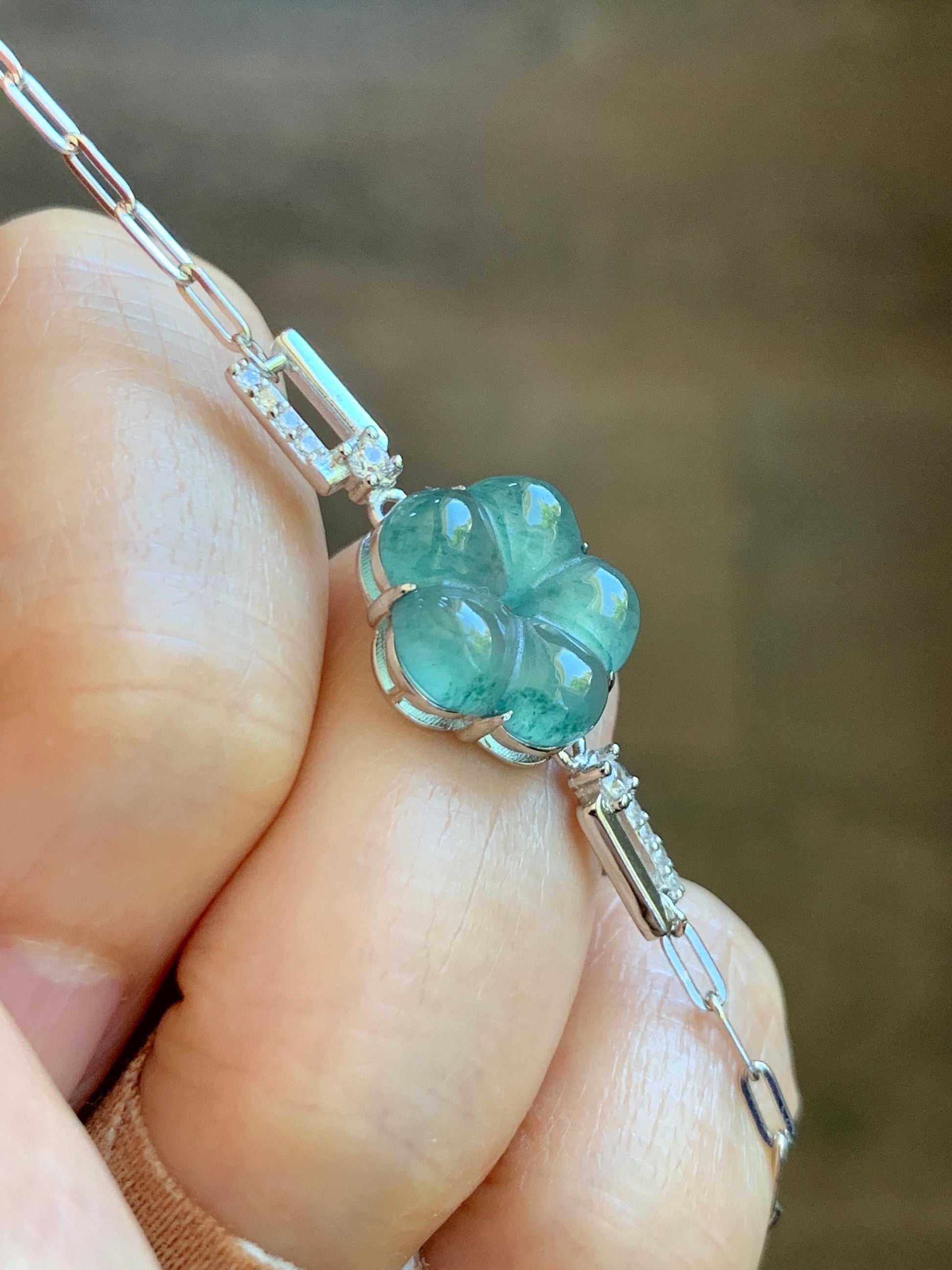 Natural Grade A Guatemalan Icy Translucent Teal Green Jade Jadeite Cherry Blossom Bracelet Sterling Silver 6.25”-7.5” 天然冰危蓝绿翡翠梅花银手链 WMS360A