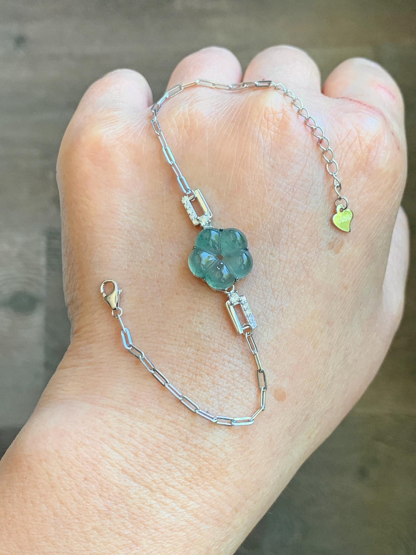 Natural Grade A Guatemalan Icy Translucent Teal Green Jade Jadeite Cherry Blossom Bracelet Sterling Silver 6.25”-7.5” 天然冰危蓝绿翡翠梅花银手链 WMS360A