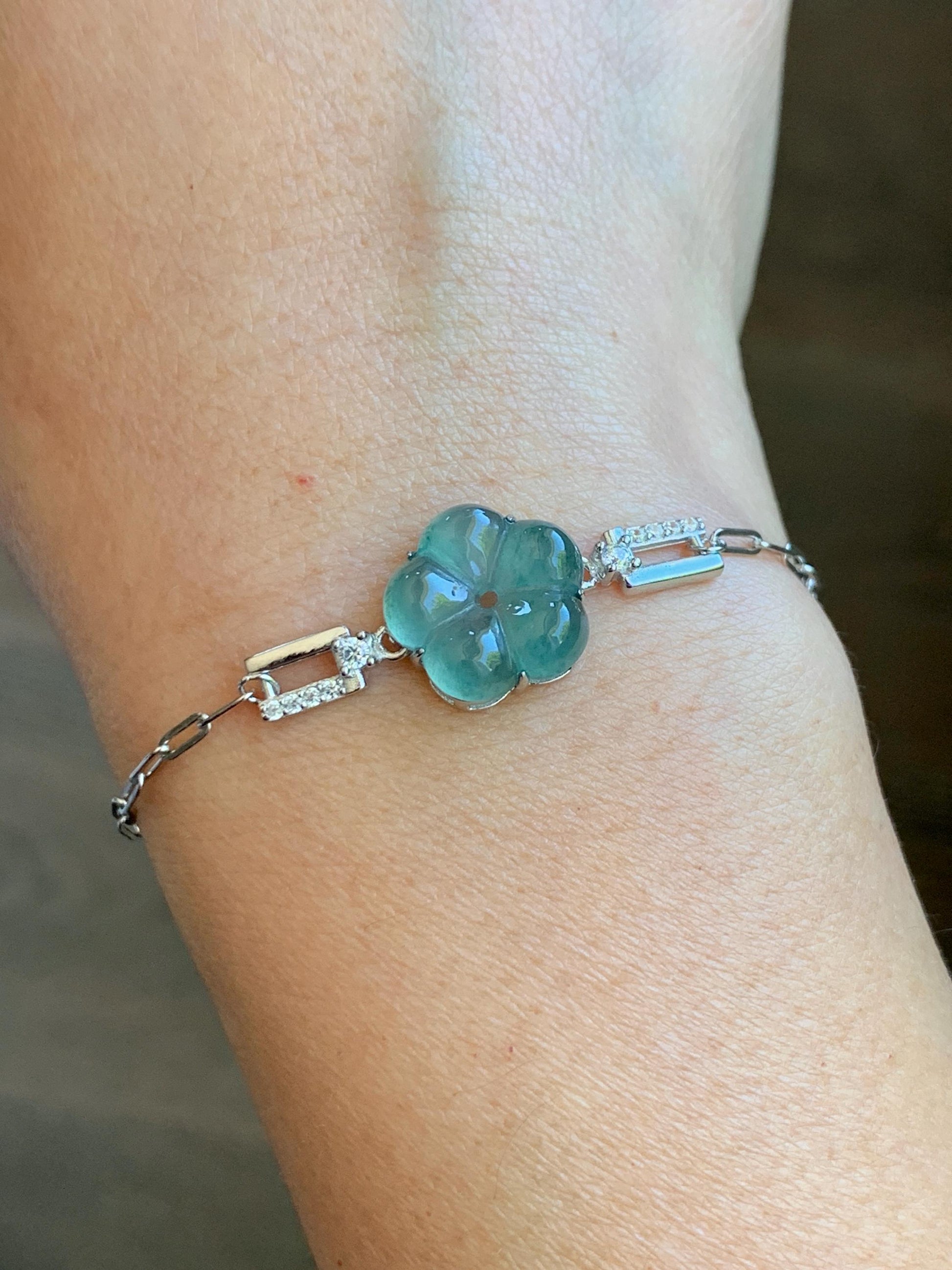 Natural Grade A Guatemalan Icy Translucent Teal Green Jade Jadeite Cherry Blossom Bracelet Sterling Silver 6.25”-7.5” 天然冰危蓝绿翡翠梅花银手链 WMS360A