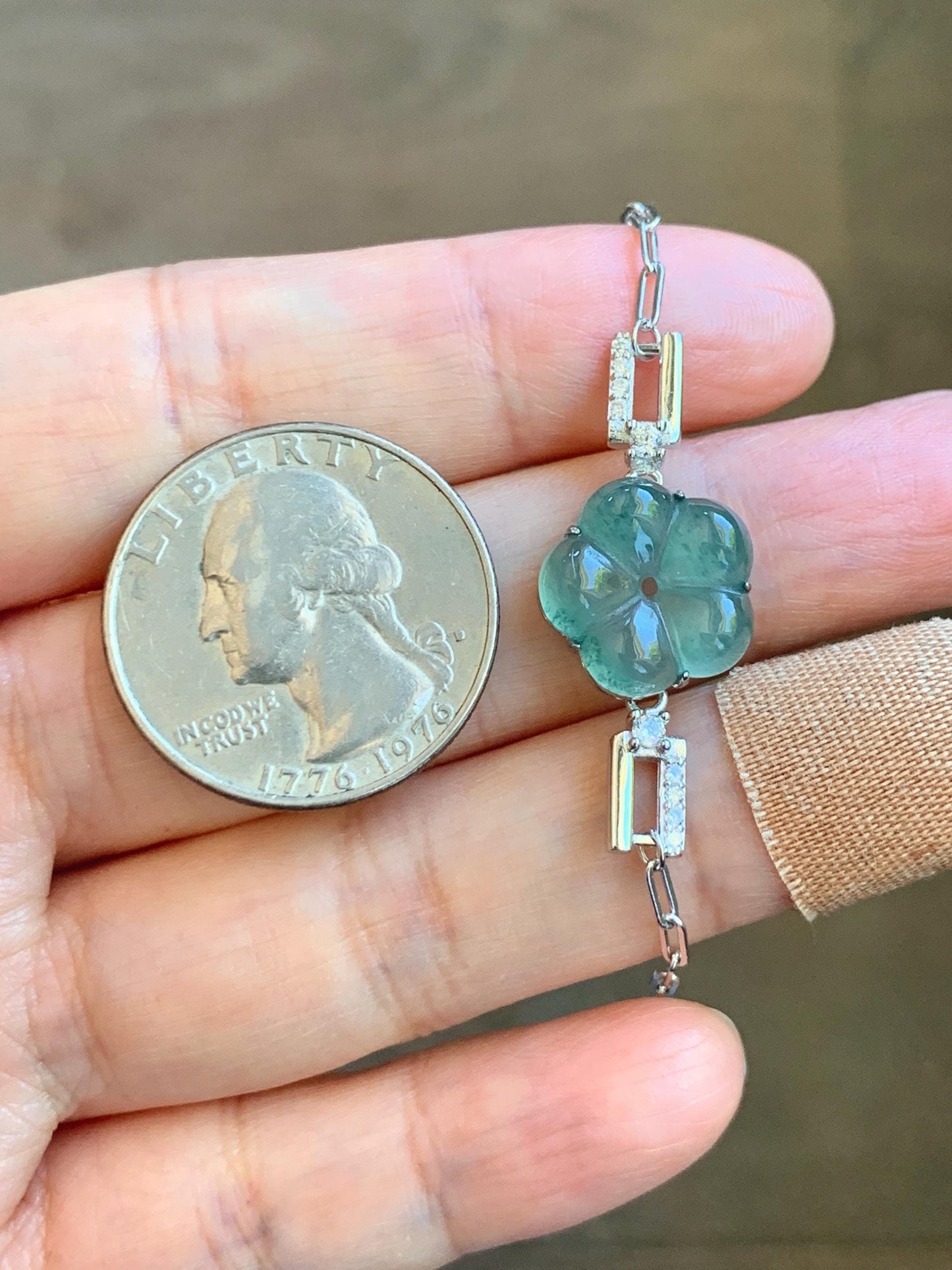 Natural Grade A Guatemalan Icy Translucent Teal Green Jade Jadeite Cherry Blossom Bracelet Sterling Silver 6.25”-7.5” 天然冰危蓝绿翡翠梅花银手链 WMS360A