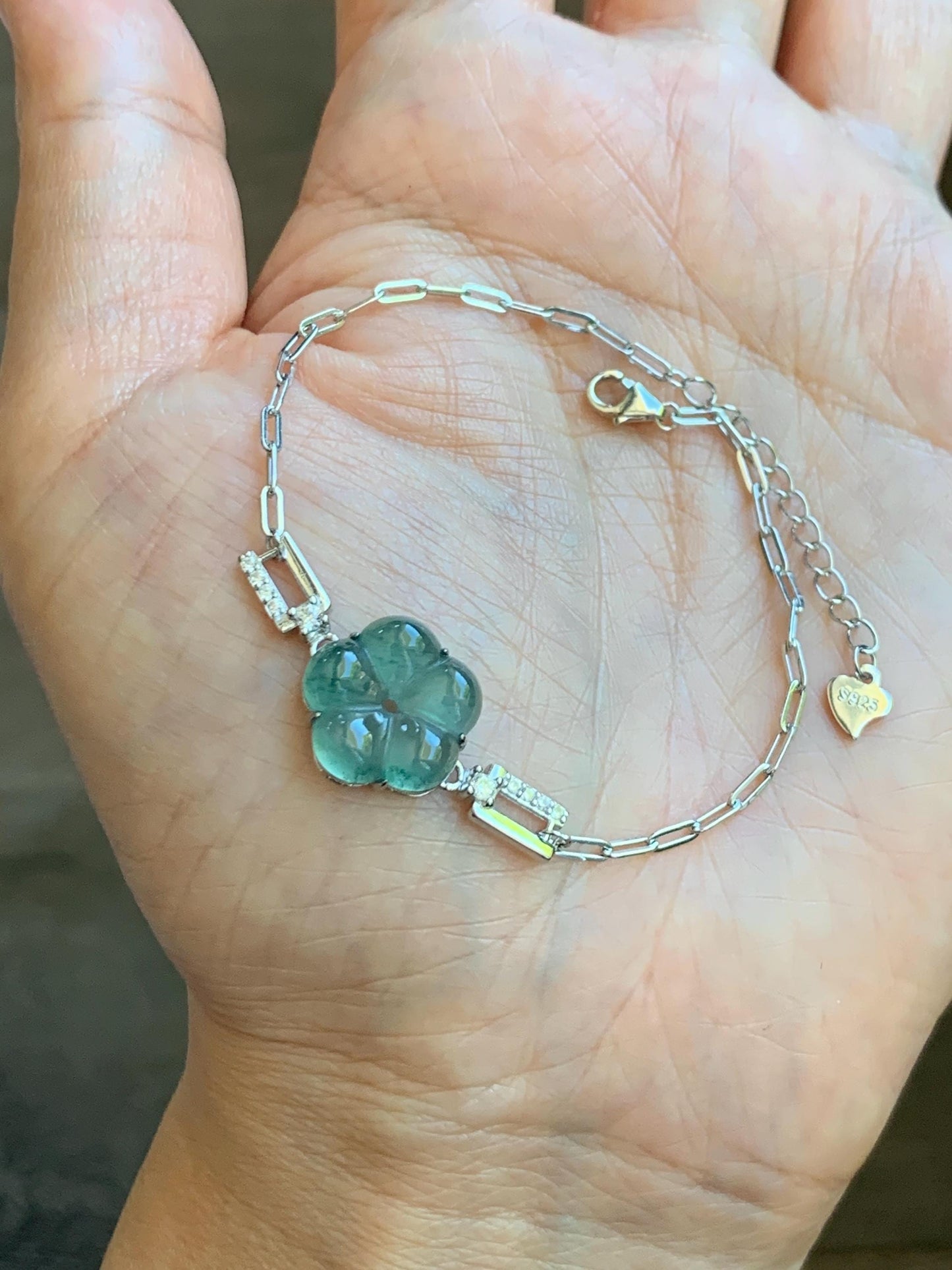 Natural Grade A Guatemalan Icy Translucent Teal Green Jade Jadeite Cherry Blossom Bracelet Sterling Silver 6.25”-7.5” 天然冰危蓝绿翡翠梅花银手链 WMS360A
