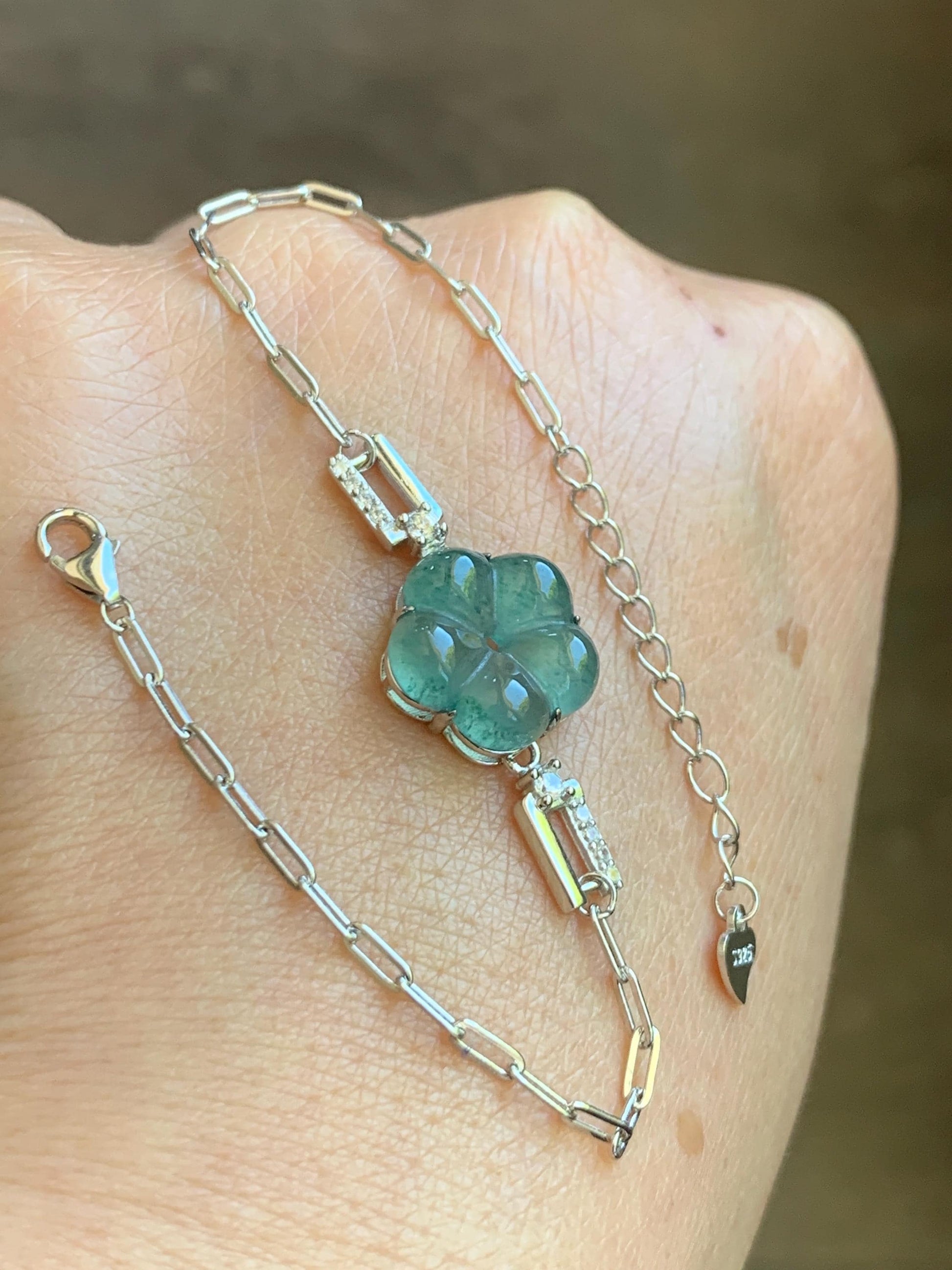 Natural Grade A Guatemalan Icy Translucent Teal Green Jade Jadeite Cherry Blossom Bracelet Sterling Silver 6.25”-7.5” 天然冰危蓝绿翡翠梅花银手链 WMS360A