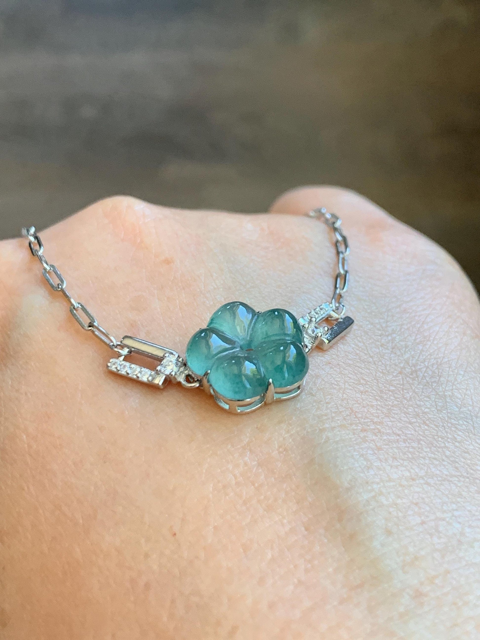 Natural Grade A Guatemalan Icy Translucent Teal Green Jade Jadeite Cherry Blossom Bracelet Sterling Silver 6.25”-7.5” 天然冰危蓝绿翡翠梅花银手链 WMS360A
