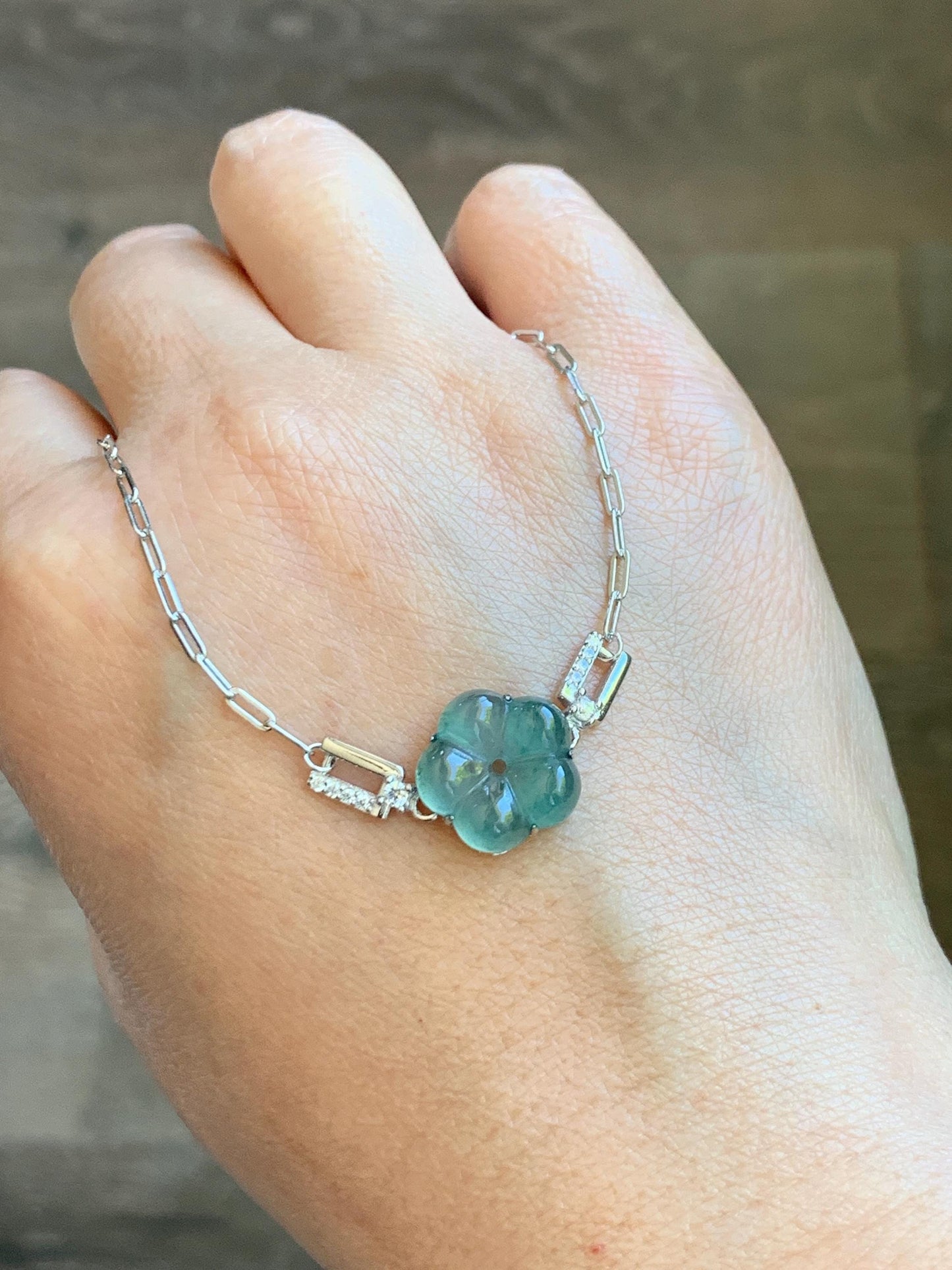 Natural Grade A Guatemalan Icy Translucent Teal Green Jade Jadeite Cherry Blossom Bracelet Sterling Silver 6.25”-7.5” 天然冰危蓝绿翡翠梅花银手链 WMS360A