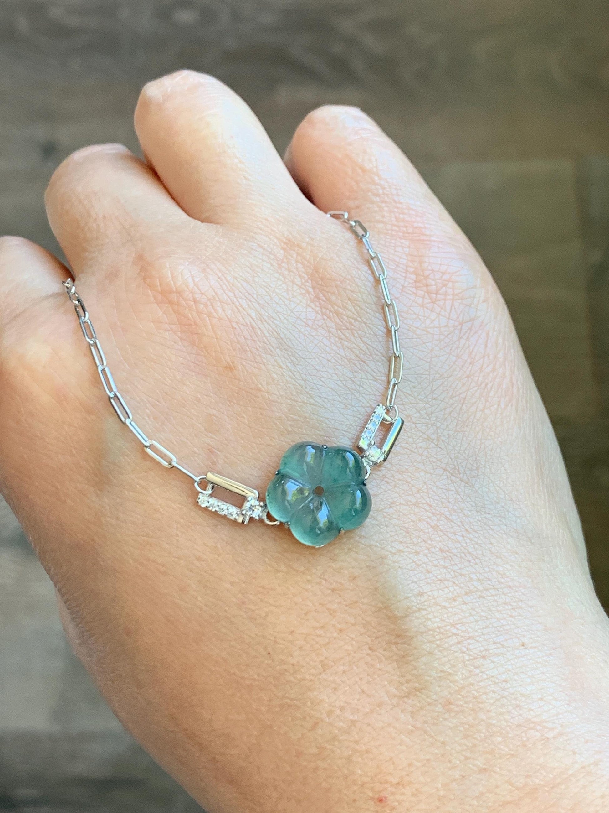 Natural Grade A Guatemalan Icy Translucent Teal Green Jade Jadeite Cherry Blossom Bracelet Sterling Silver 6.25”-7.5” 天然冰危蓝绿翡翠梅花银手链 WMS360A