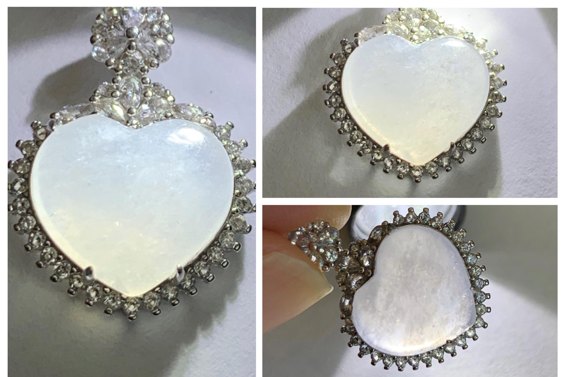 Natural Grade A Icy Highly Translucent White Jade Jadeite Heart Pendant Sterling Silver 3g 天然白冰翡翠爱心蛋面银镶吊坠 GAX150W