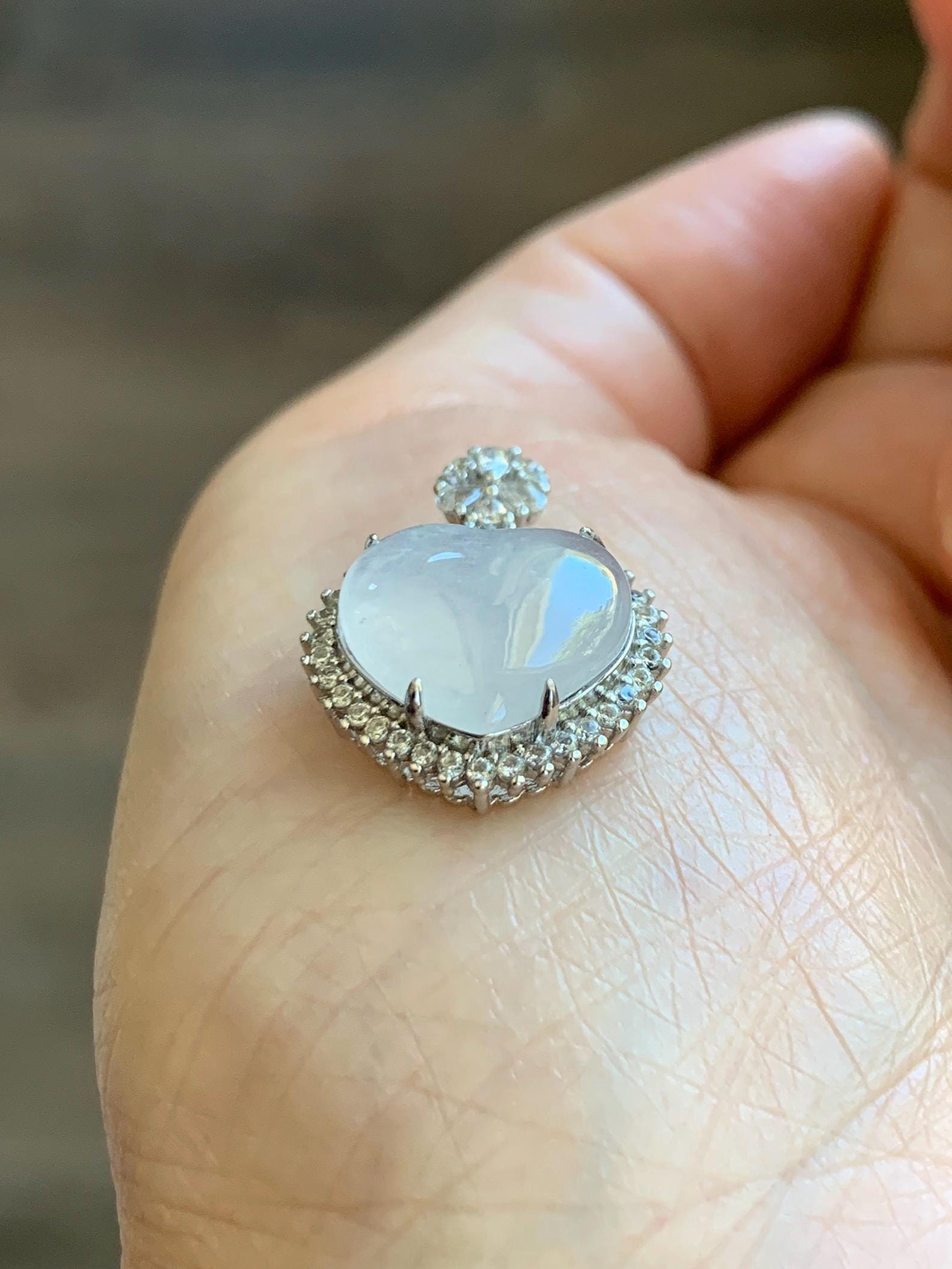 Natural Grade A Icy Highly Translucent White Jade Jadeite Heart Pendant Sterling Silver 3g 天然白冰翡翠爱心蛋面银镶吊坠 GAX150W