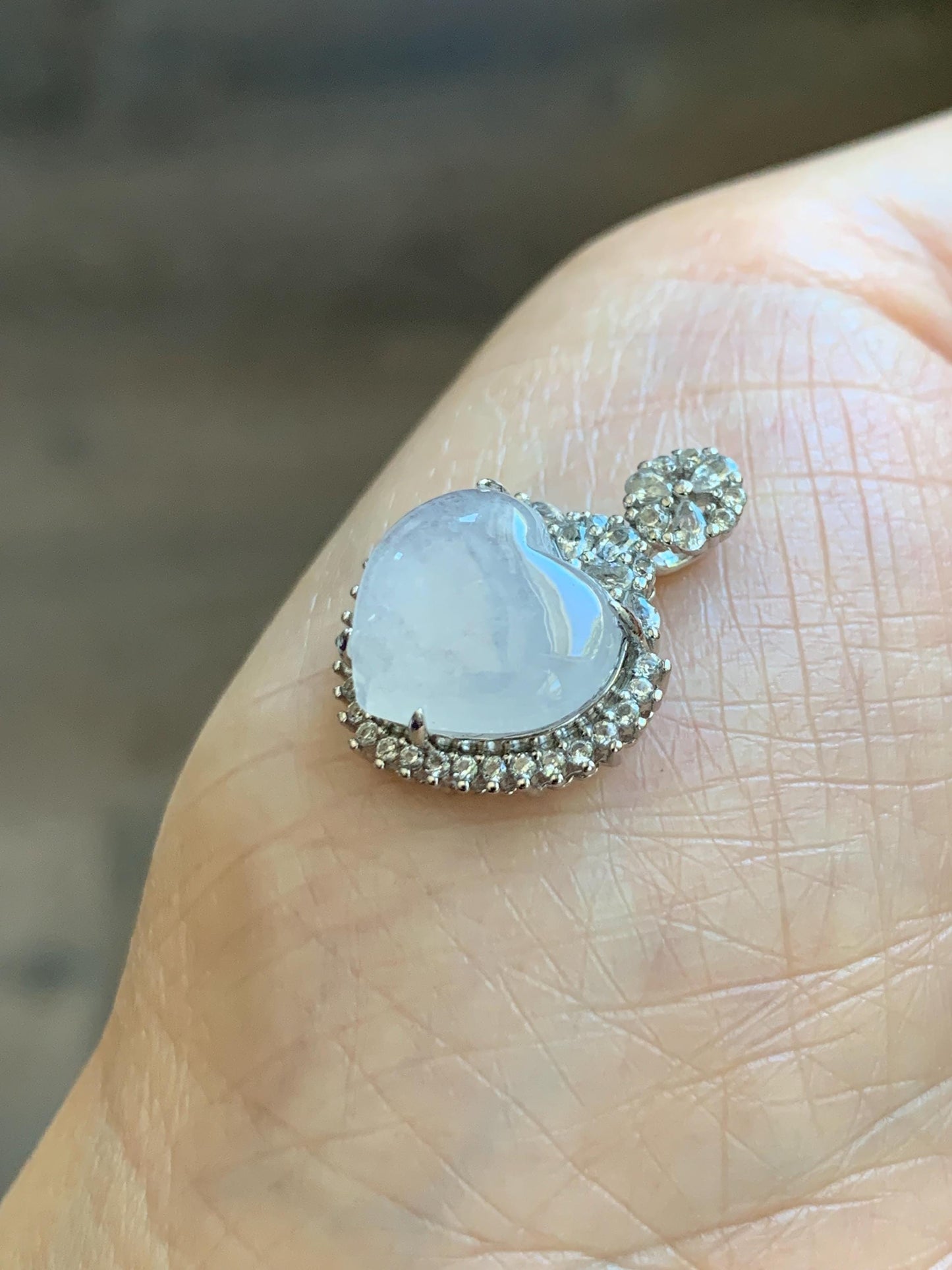 Natural Grade A Icy Highly Translucent White Jade Jadeite Heart Pendant Sterling Silver 3g 天然白冰翡翠爱心蛋面银镶吊坠 GAX150W