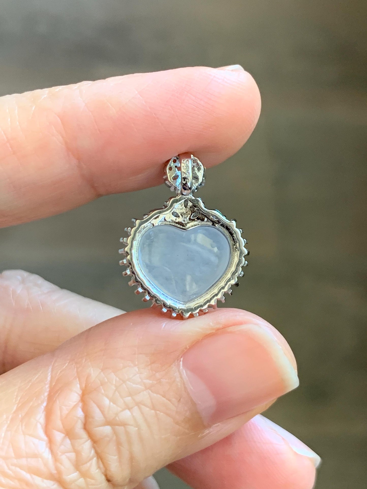 Natural Grade A Icy Highly Translucent White Jade Jadeite Heart Pendant Sterling Silver 3g 天然白冰翡翠爱心蛋面银镶吊坠 GAX150W