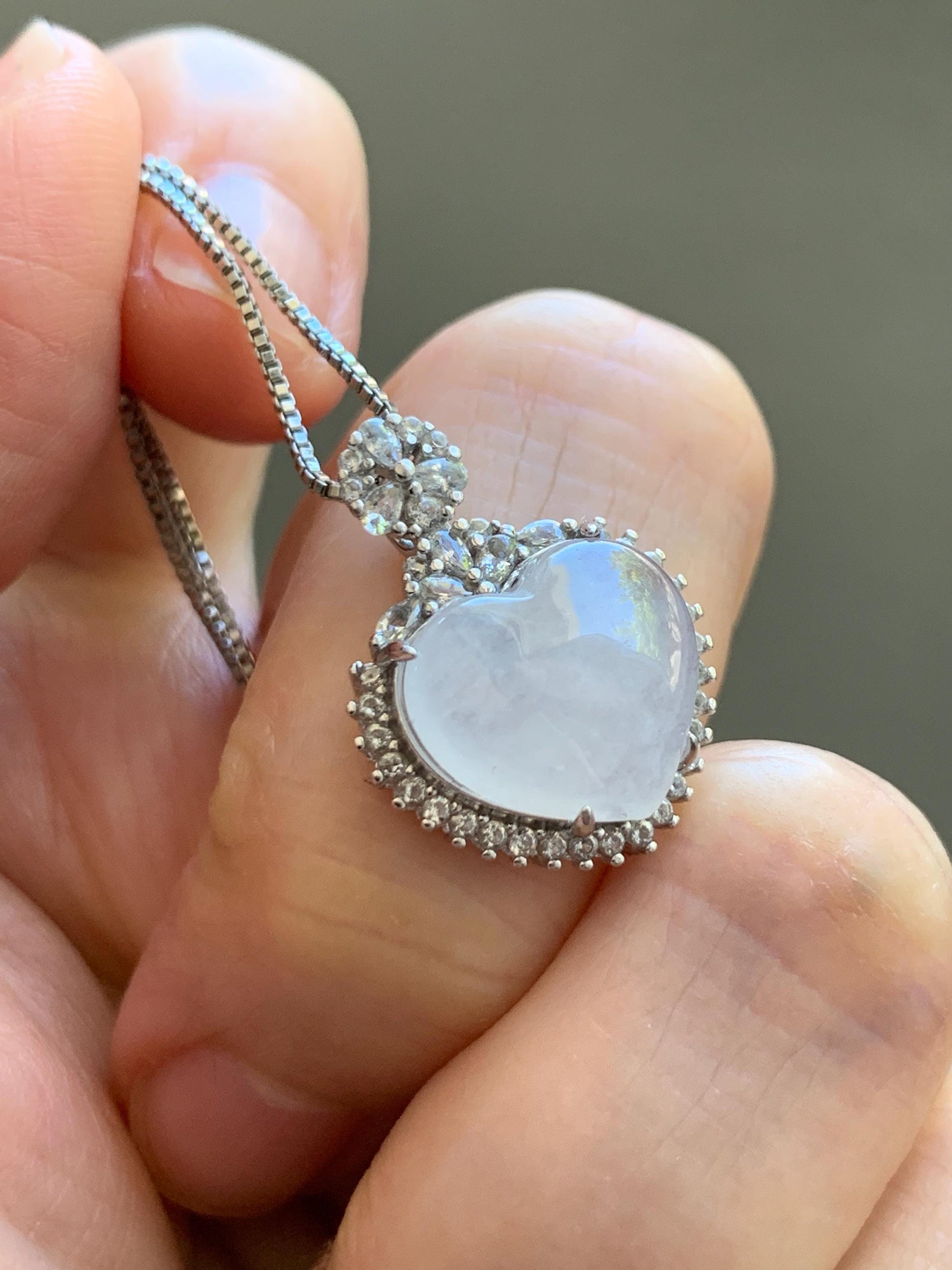 Natural Grade A Icy Highly Translucent White Jade Jadeite Heart Pendant Sterling Silver 3g 天然白冰翡翠爱心蛋面银镶吊坠 GAX150W