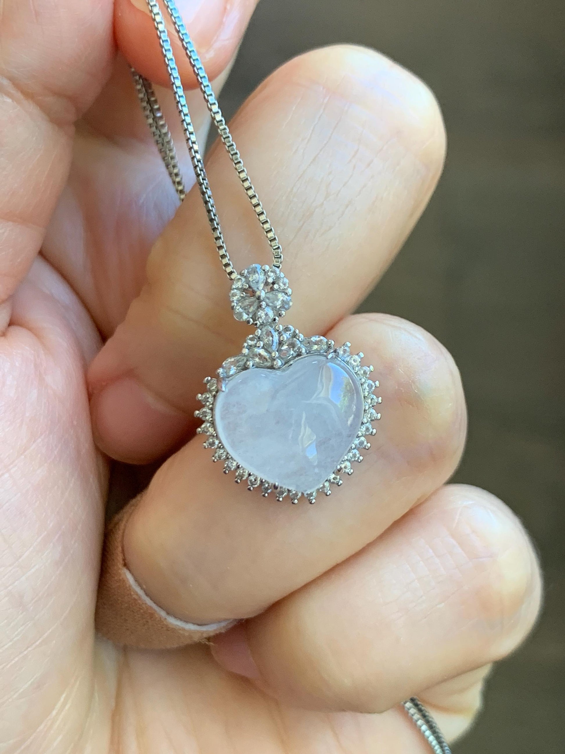 Natural Grade A Icy Highly Translucent White Jade Jadeite Heart Pendant Sterling Silver 3g 天然白冰翡翠爱心蛋面银镶吊坠 GAX150W