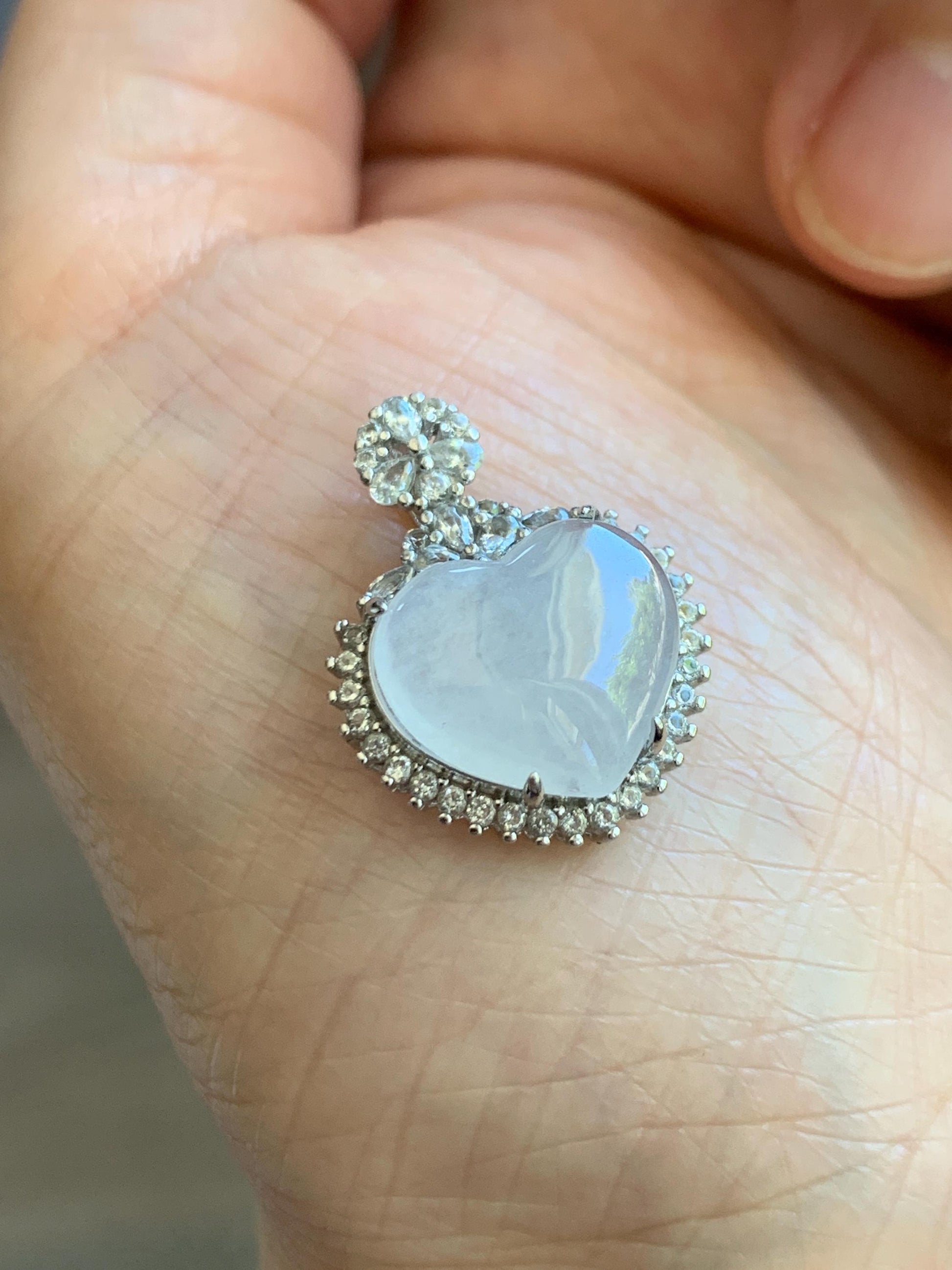 Natural Grade A Icy Highly Translucent White Jade Jadeite Heart Pendant Sterling Silver 3g 天然白冰翡翠爱心蛋面银镶吊坠 GAX150W