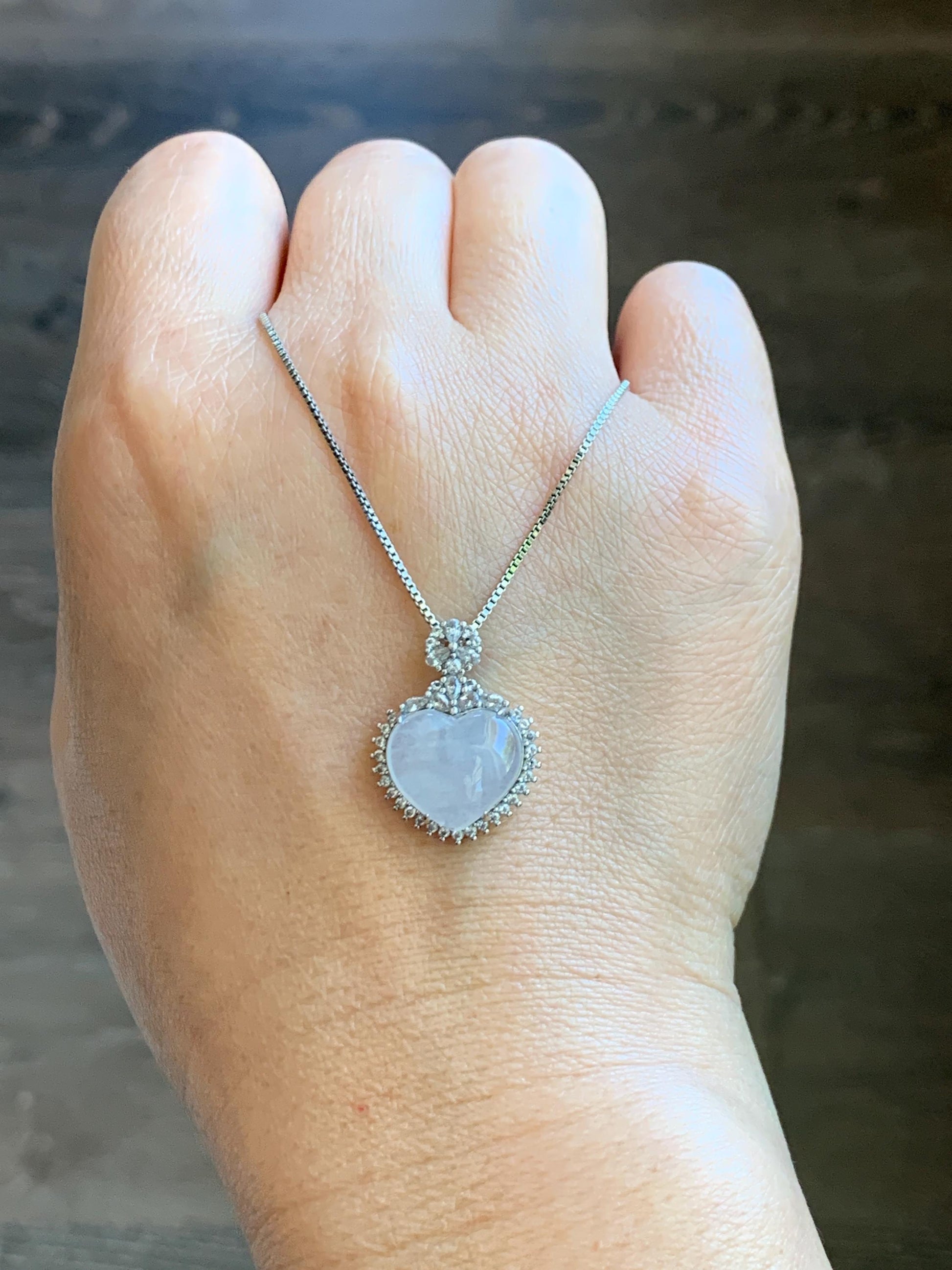 Natural Grade A Icy Highly Translucent White Jade Jadeite Heart Pendant Sterling Silver 3g 天然白冰翡翠爱心蛋面银镶吊坠 GAX150W
