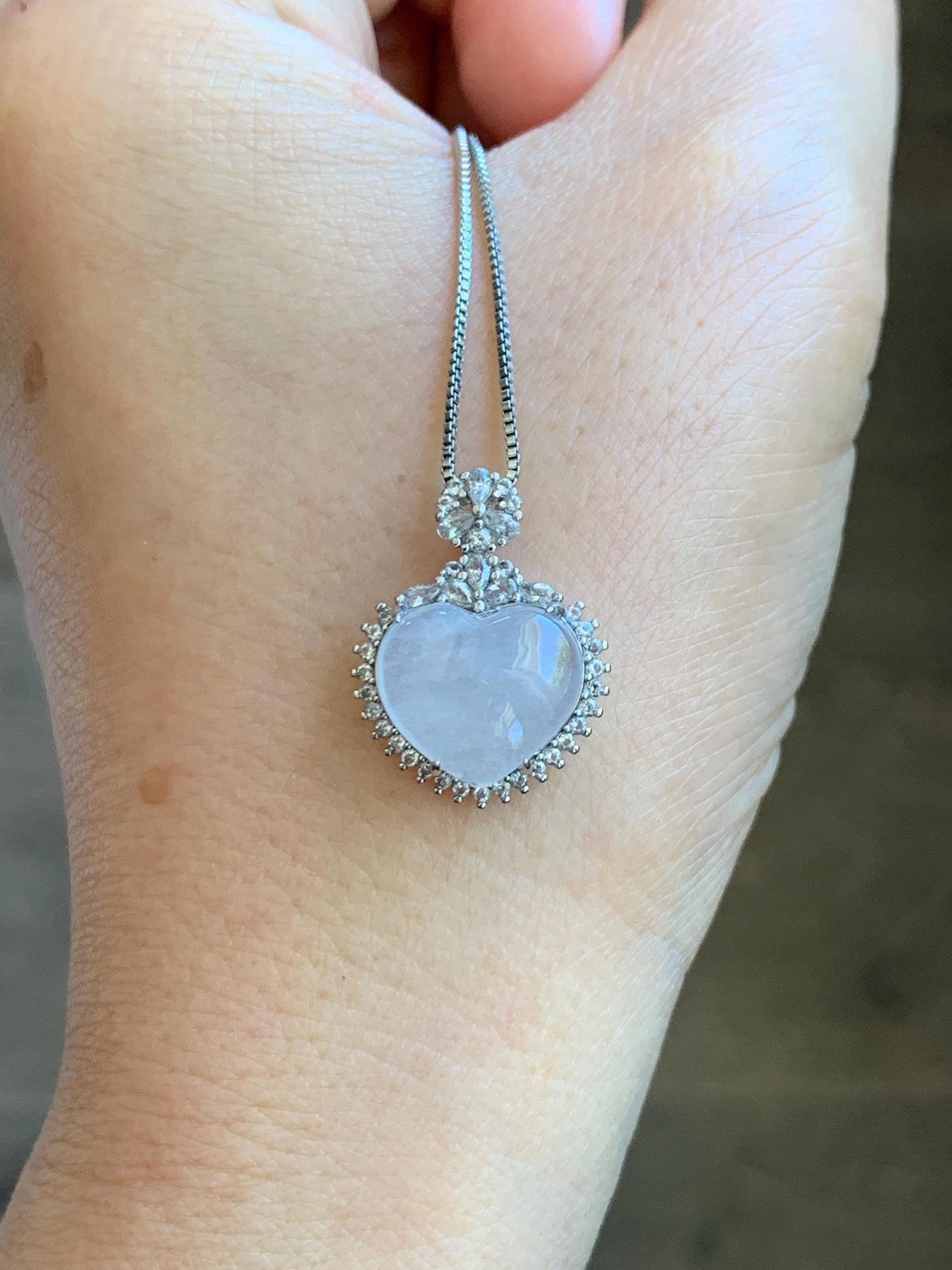 Natural Grade A Icy Highly Translucent White Jade Jadeite Heart Pendant Sterling Silver 3g 天然白冰翡翠爱心蛋面银镶吊坠 GAX150W
