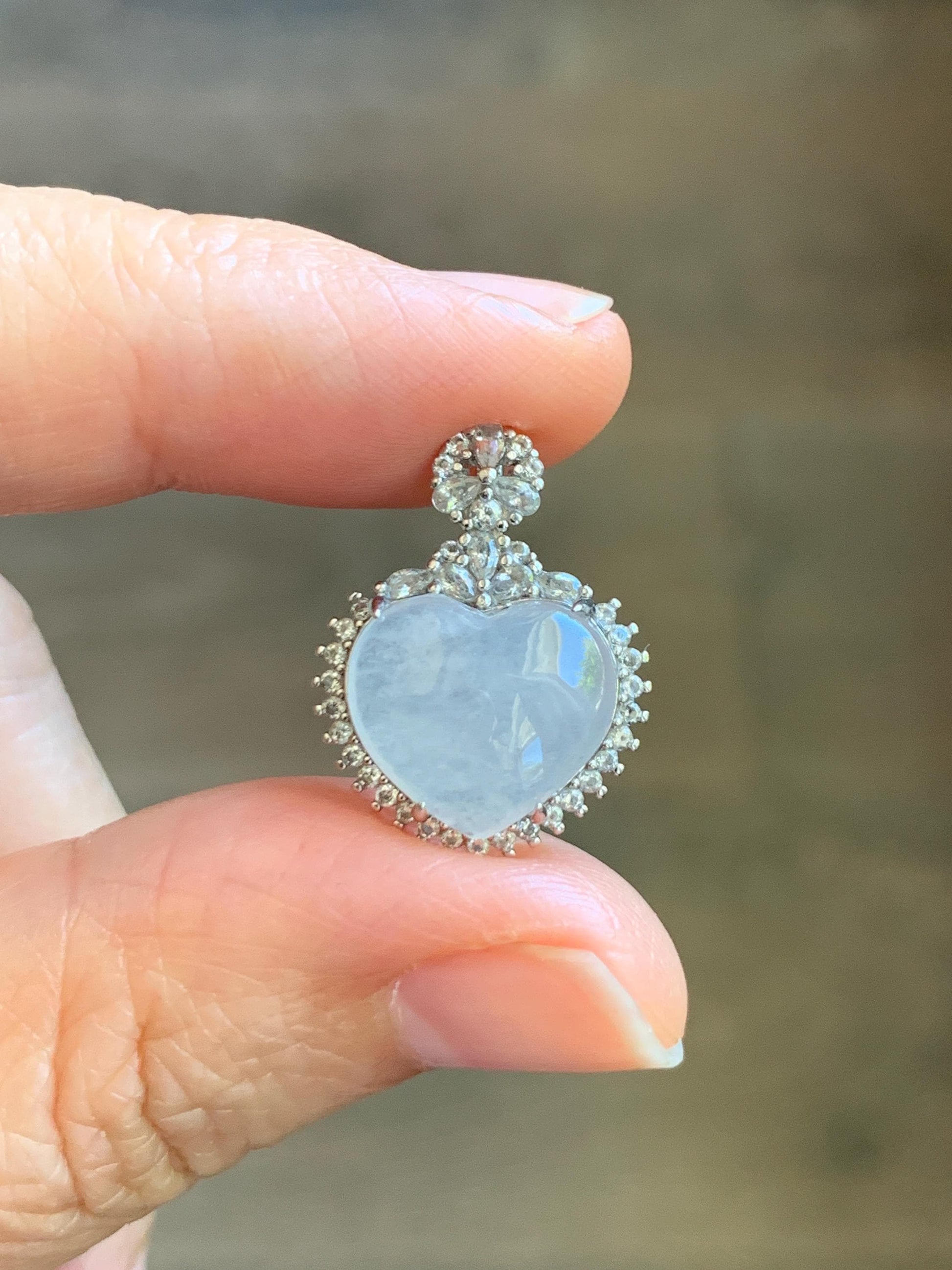 Natural Grade A Icy Highly Translucent White Jade Jadeite Heart Pendant Sterling Silver 3g 天然白冰翡翠爱心蛋面银镶吊坠 GAX150W