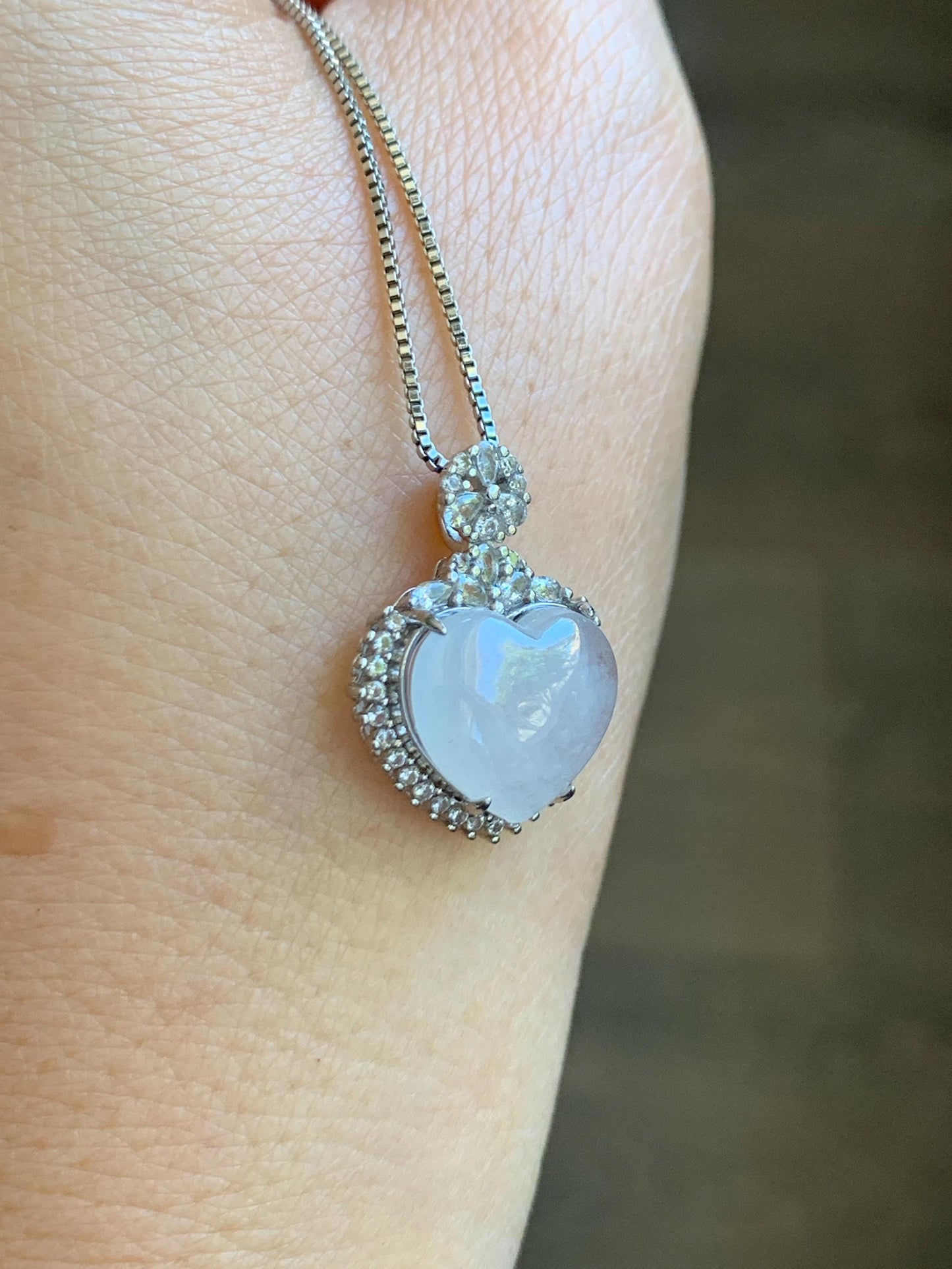 Natural Grade A Icy Highly Translucent White Jade Jadeite Heart Pendant Sterling Silver 3g 天然白冰翡翠爱心蛋面银镶吊坠 GAX150W