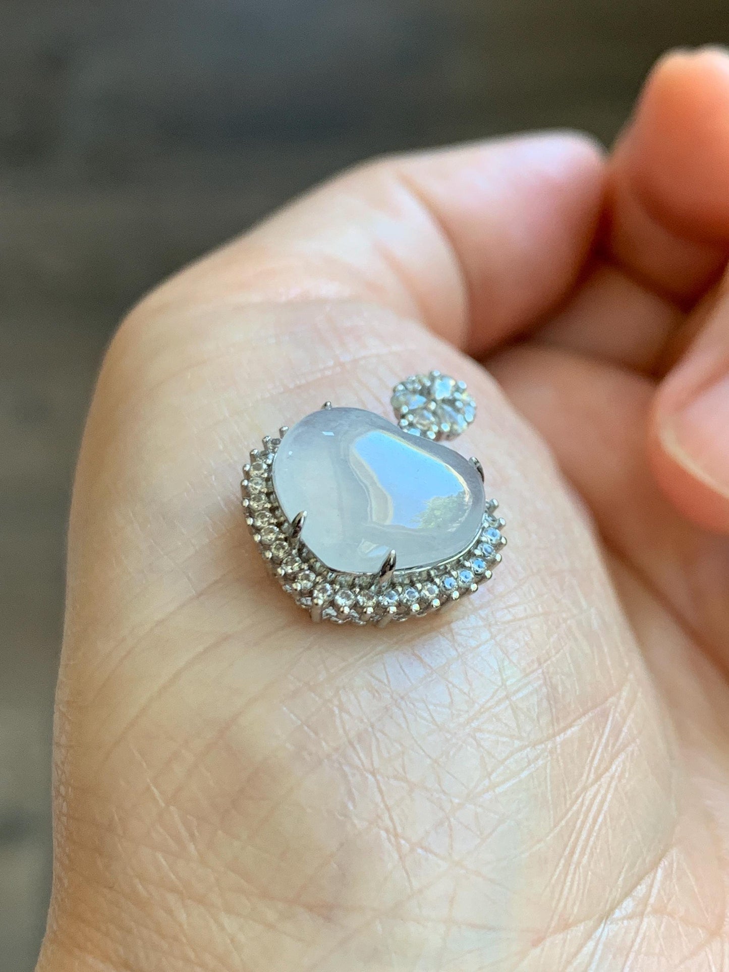 Natural Grade A Icy Highly Translucent White Jade Jadeite Heart Pendant Sterling Silver 3g 天然白冰翡翠爱心蛋面银镶吊坠 GAX150W