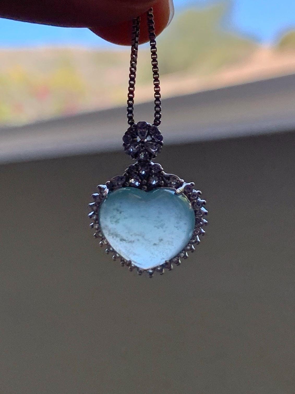 Natural Grade A Guatemalan Icy Highly Translucent Light Teal Jade Jadeite Heart Pendant Sterling Silver 3g 天然冰危晴蓝翡翠爱心蛋面银镶吊坠 GAX150Q