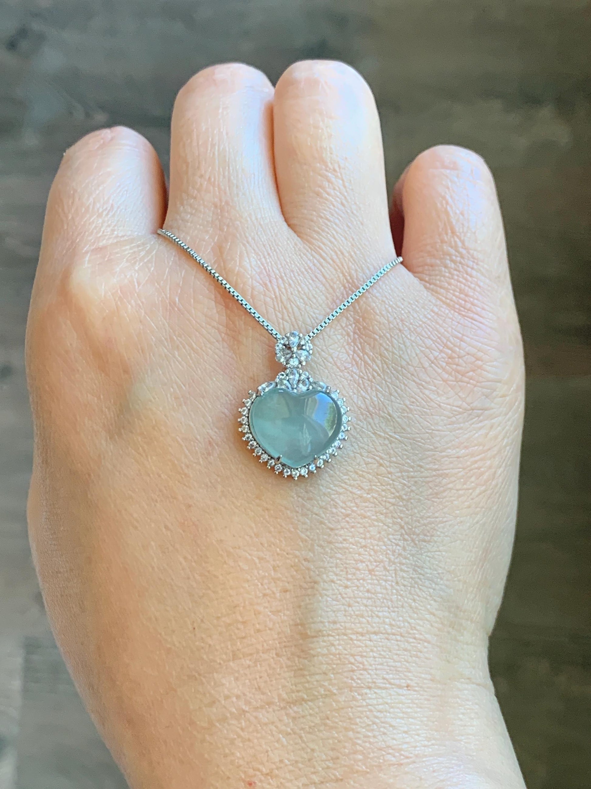 Natural Grade A Guatemalan Icy Highly Translucent Light Teal Jade Jadeite Heart Pendant Sterling Silver 3g 天然冰危晴蓝翡翠爱心蛋面银镶吊坠 GAX150Q