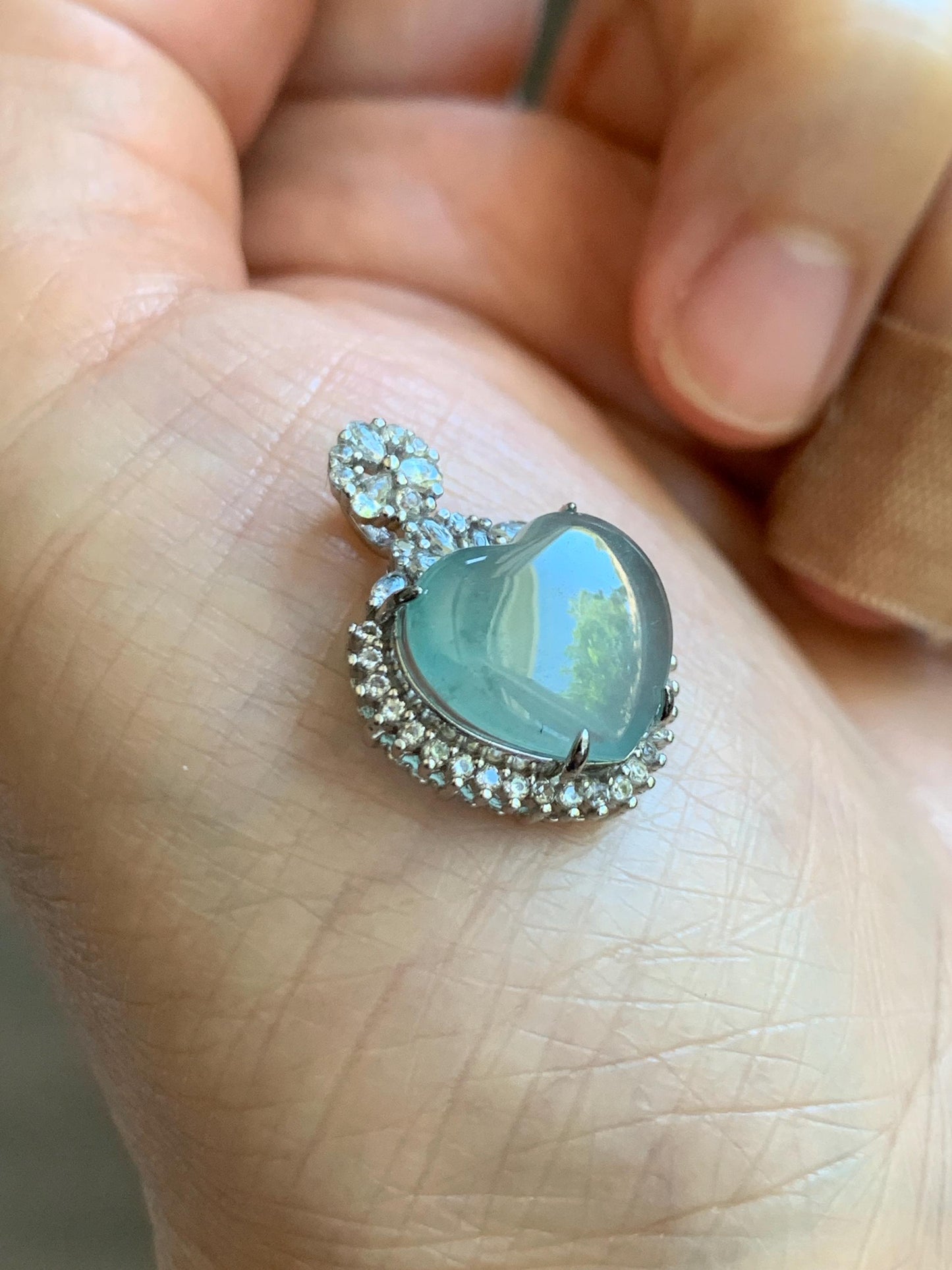 Natural Grade A Guatemalan Icy Highly Translucent Light Teal Jade Jadeite Heart Pendant Sterling Silver 3g 天然冰危晴蓝翡翠爱心蛋面银镶吊坠 GAX150Q